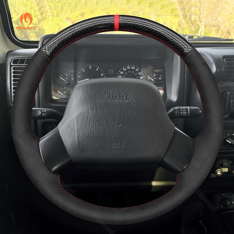 MEWANT Leather Car Steering Wheel Cover for Jeep Wrangler TJ Cherokee XJ 1997 - 2002 - Alcantara, Leather, Carbon Fiber, Easy Install, Non - Slip, Best Steering Wheel Cover