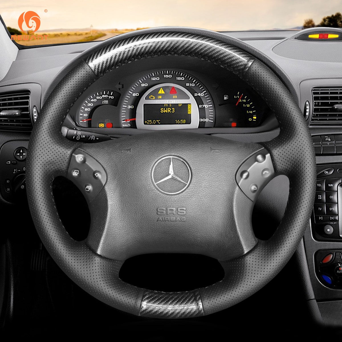 MEWANT Leather Car Steering Wheel Cover for Mercedes Benz C - Class W203 / C32 AMG - Alcantara, Leather, Carbon Fiber, Easy Install, Non - Slip, Best Steering Wheel Cover