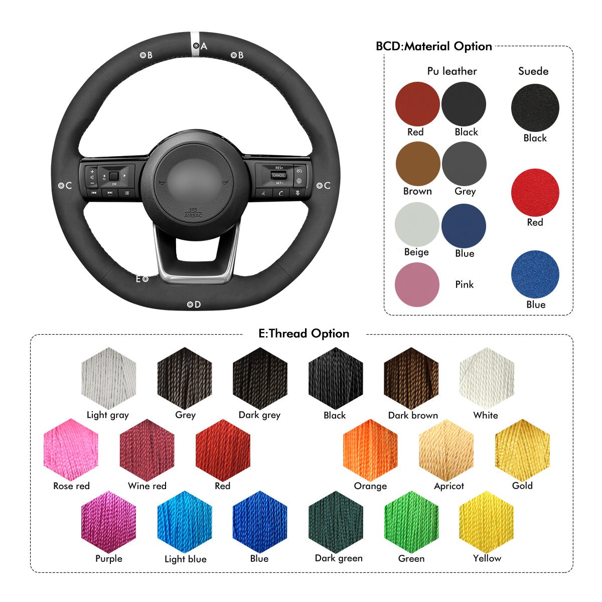 MEWANT Leather Car Steering Wheel Cover for Nissan Rogue / Pathfinder / Qashqai III(J12) / X - Trail IV(T33) - Alcantara, Leather, Carbon Fiber, Easy Install, Non - Slip, Best Steering Wheel Cover