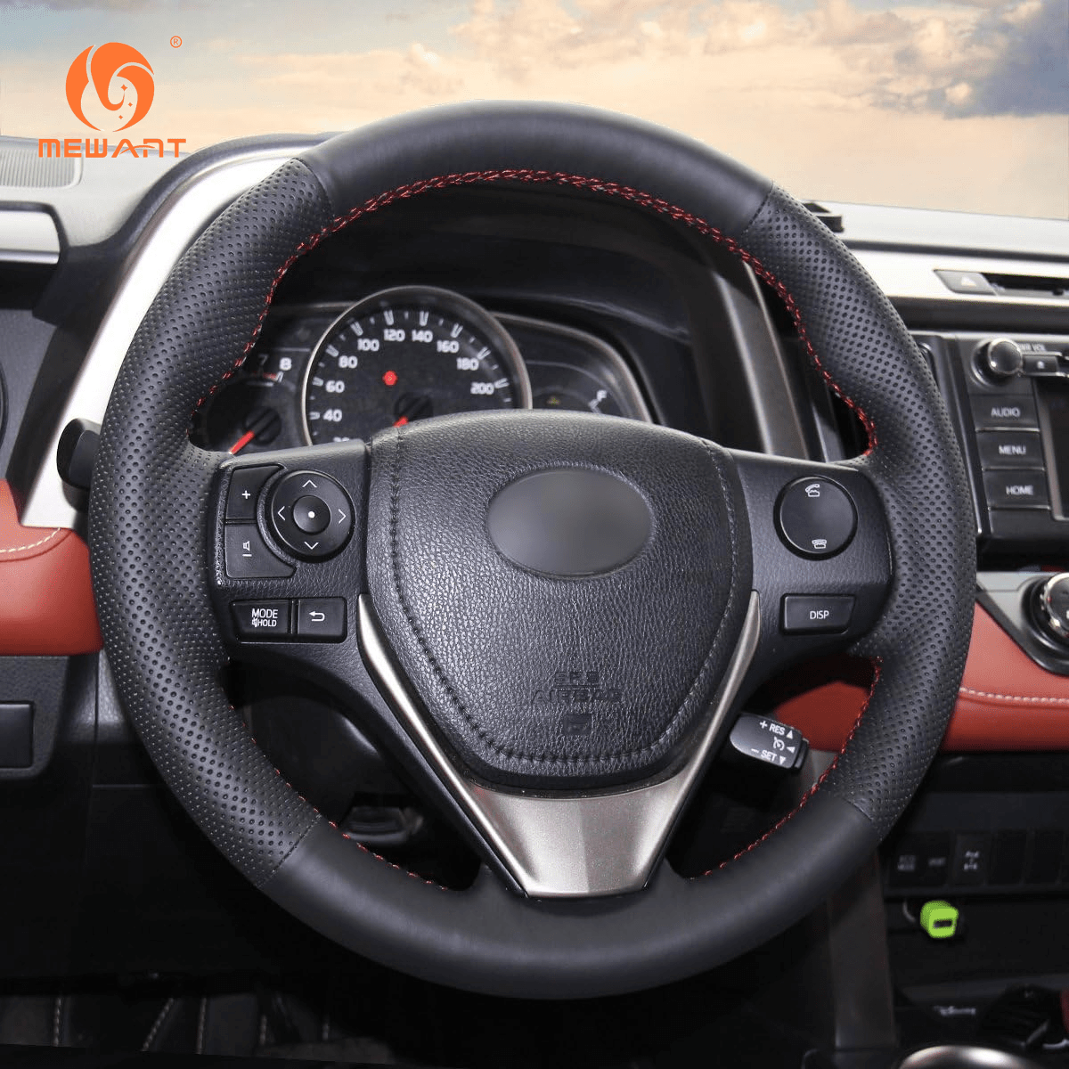 MEWANT Leather Car Steering Wheel Covers for Toyota RAV4 / Corolla / Corolla iM (US) / Auris / for Scion iM 2012 - 2019 - Alcantara, Leather, Carbon Fiber, Easy Install, Non - Slip, Best Steering Wheel Cover