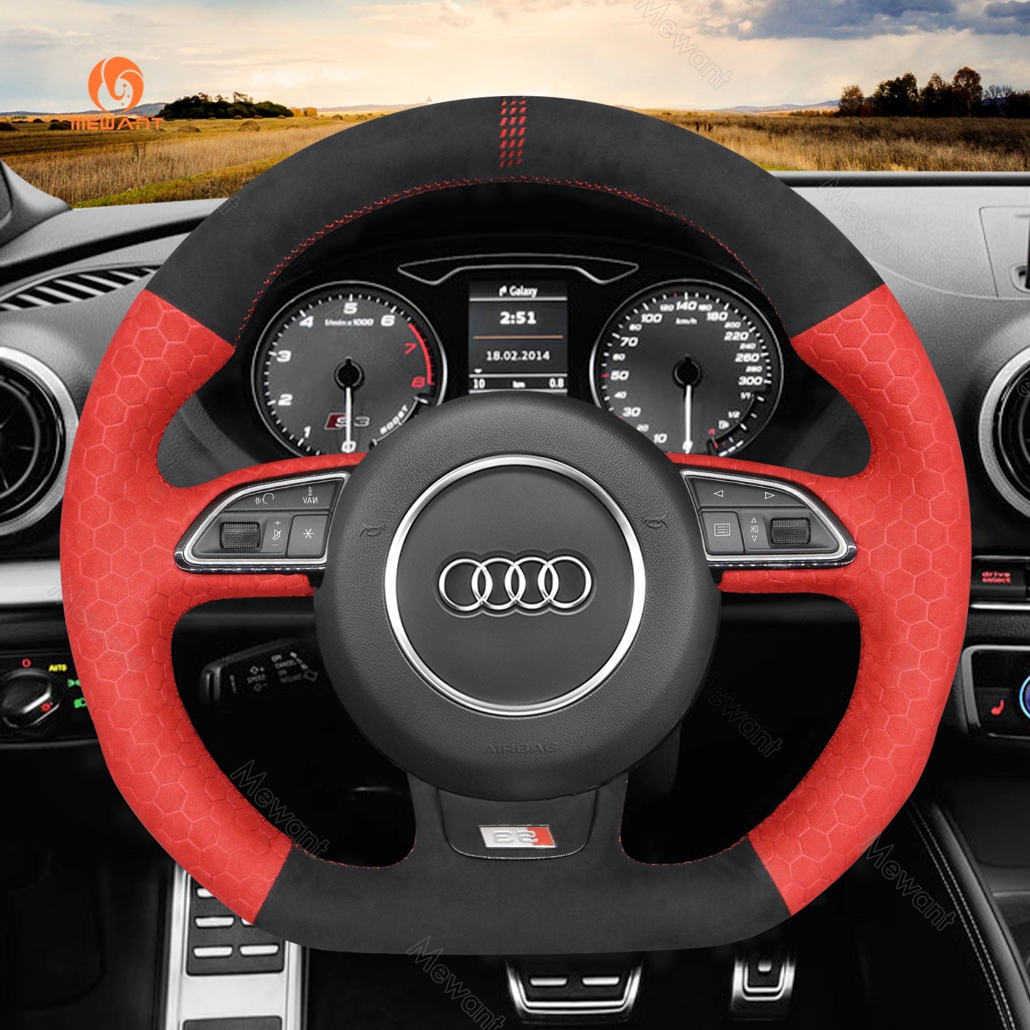 MEWANT Leather Carbon Fiber Car Steering Wheel Cover for Audi S1 (8X) S3 (8V) Sportback S4 (B8) Avant S5 (8T) S6 (C7) S7 (G8) RS Q3 (8U) SQ5 (8R) - Alcantara, Leather, Carbon Fiber, Easy Install, Non - Slip, Best Steering Wheel Cover