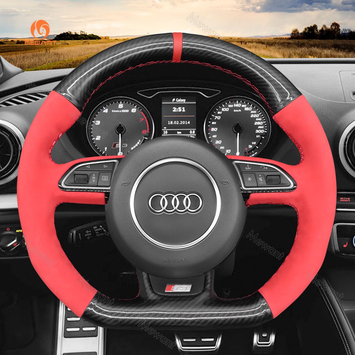 MEWANT Leather Carbon Fiber Car Steering Wheel Cover for Audi S1 (8X) S3 (8V) Sportback S4 (B8) Avant S5 (8T) S6 (C7) S7 (G8) RS Q3 (8U) SQ5 (8R) - Alcantara, Leather, Carbon Fiber, Easy Install, Non - Slip, Best Steering Wheel Cover