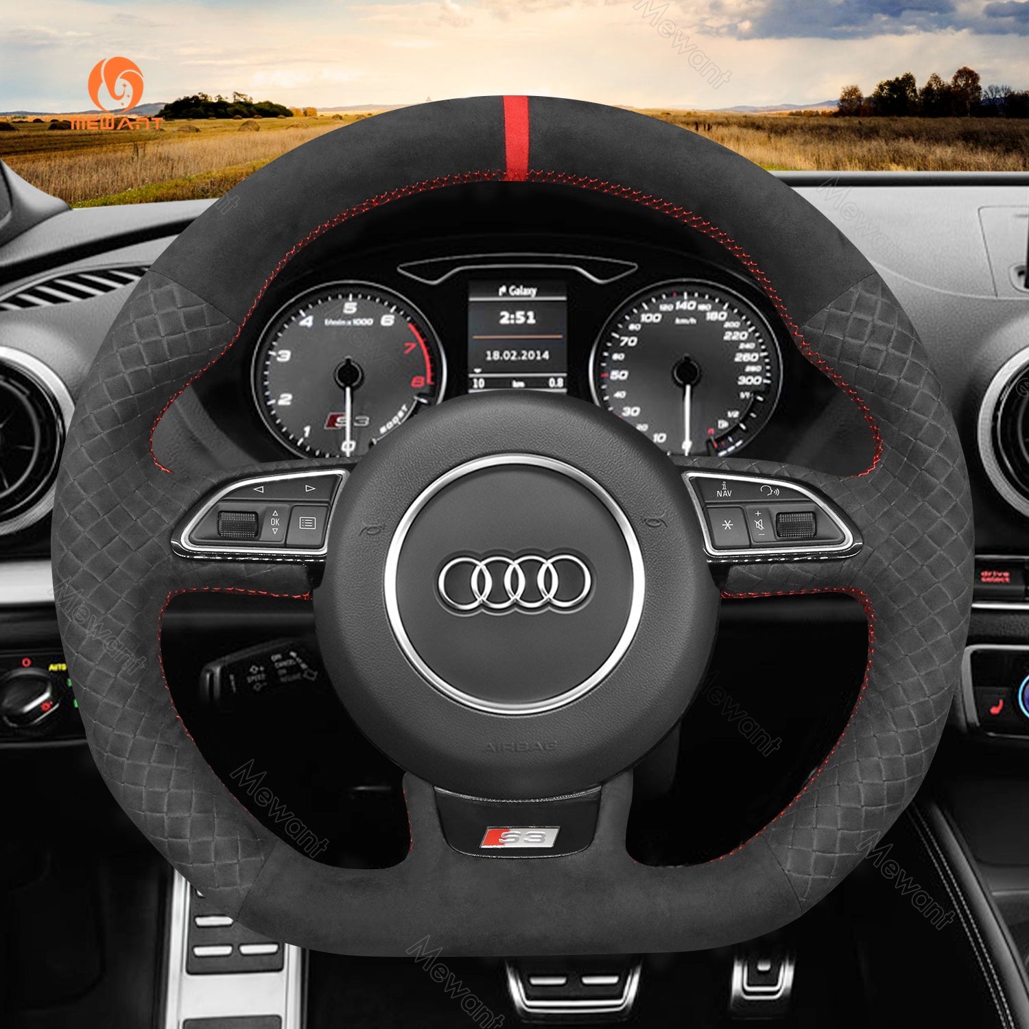 MEWANT Leather Carbon Fiber Car Steering Wheel Cover for Audi S1 (8X) S3 (8V) Sportback S4 (B8) Avant S5 (8T) S6 (C7) S7 (G8) RS Q3 (8U) SQ5 (8R) - Alcantara, Leather, Carbon Fiber, Easy Install, Non - Slip, Best Steering Wheel Cover