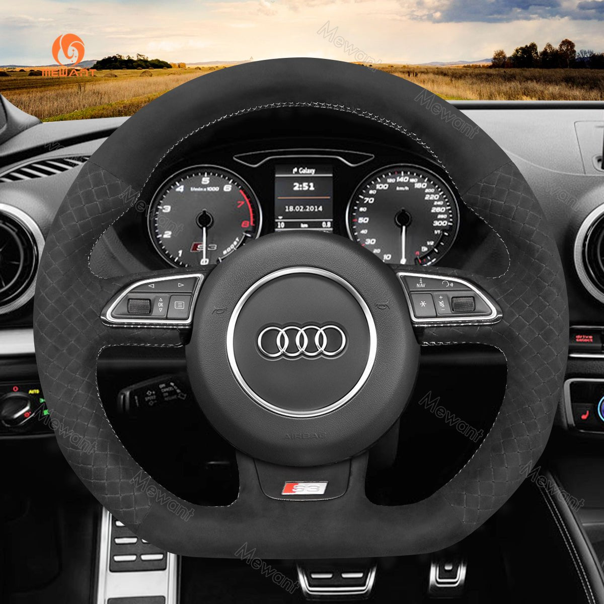 MEWANT Leather Carbon Fiber Car Steering Wheel Cover for Audi S1 (8X) S3 (8V) Sportback S4 (B8) Avant S5 (8T) S6 (C7) S7 (G8) RS Q3 (8U) SQ5 (8R) - Alcantara, Leather, Carbon Fiber, Easy Install, Non - Slip, Best Steering Wheel Cover