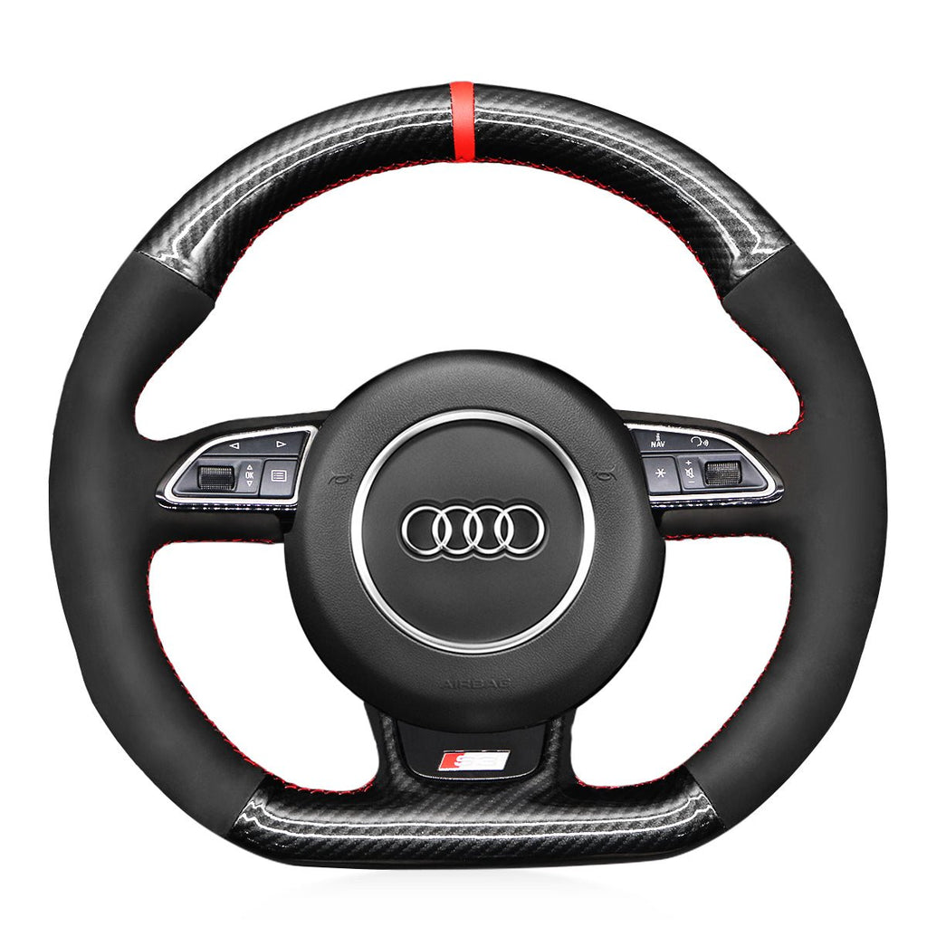MEWANT Leather Carbon Fiber Car Steering Wheel Cover for Audi S1 (8X) S3 (8V) Sportback S4 (B8) Avant S5 (8T) S6 (C7) S7 (G8) RS Q3 (8U) SQ5 (8R) - Alcantara, Leather, Carbon Fiber, Easy Install, Non - Slip, Best Steering Wheel Cover