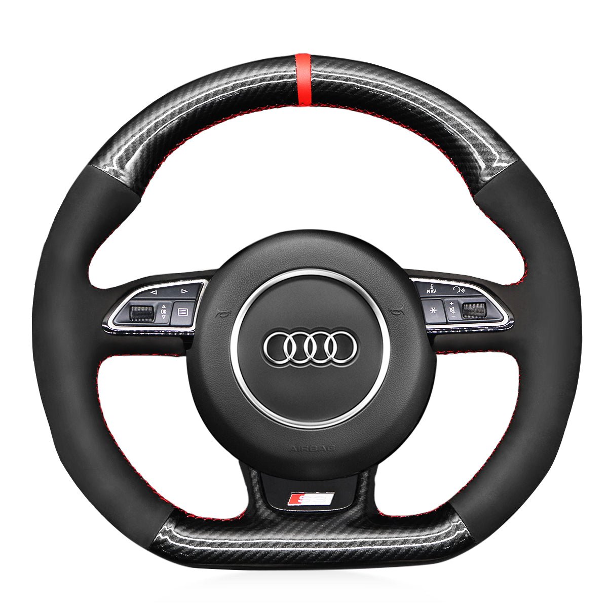 MEWANT Leather Carbon Fiber Car Steering Wheel Cover for Audi S1 (8X) S3 (8V) Sportback S4 (B8) Avant S5 (8T) S6 (C7) S7 (G8) RS Q3 (8U) SQ5 (8R) - Alcantara, Leather, Carbon Fiber, Easy Install, Non - Slip, Best Steering Wheel Cover