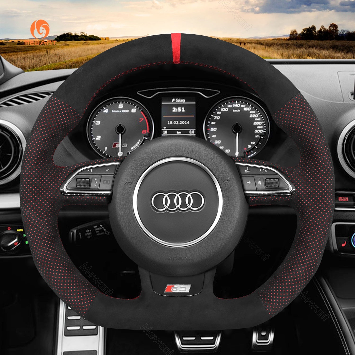 MEWANT Leather Carbon Fiber Car Steering Wheel Cover for Audi S1 (8X) S3 (8V) Sportback S4 (B8) Avant S5 (8T) S6 (C7) S7 (G8) RS Q3 (8U) SQ5 (8R) - Alcantara, Leather, Carbon Fiber, Easy Install, Non - Slip, Best Steering Wheel Cover
