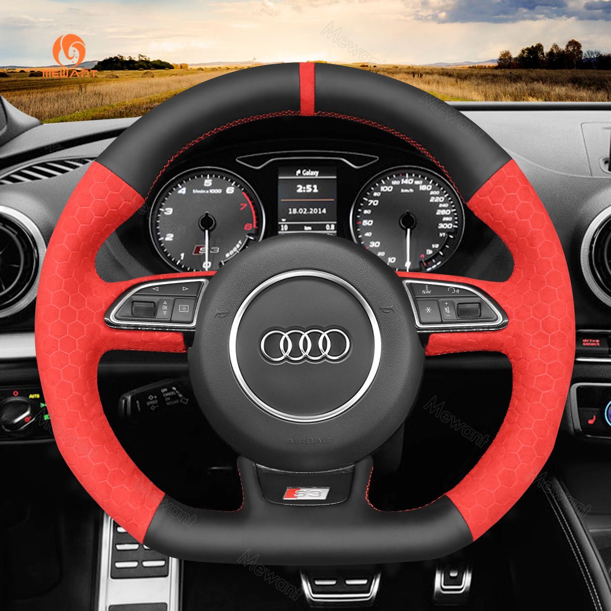 MEWANT Leather Carbon Fiber Car Steering Wheel Cover for Audi S1 (8X) S3 (8V) Sportback S4 (B8) Avant S5 (8T) S6 (C7) S7 (G8) RS Q3 (8U) SQ5 (8R) - Alcantara, Leather, Carbon Fiber, Easy Install, Non - Slip, Best Steering Wheel Cover