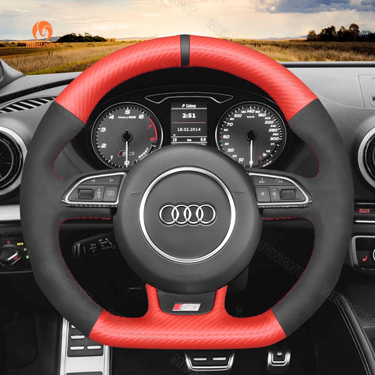 MEWANT Leather Carbon Fiber Car Steering Wheel Cover for Audi S1 (8X) S3 (8V) Sportback S4 (B8) Avant S5 (8T) S6 (C7) S7 (G8) RS Q3 (8U) SQ5 (8R) - Alcantara, Leather, Carbon Fiber, Easy Install, Non - Slip, Best Steering Wheel Cover