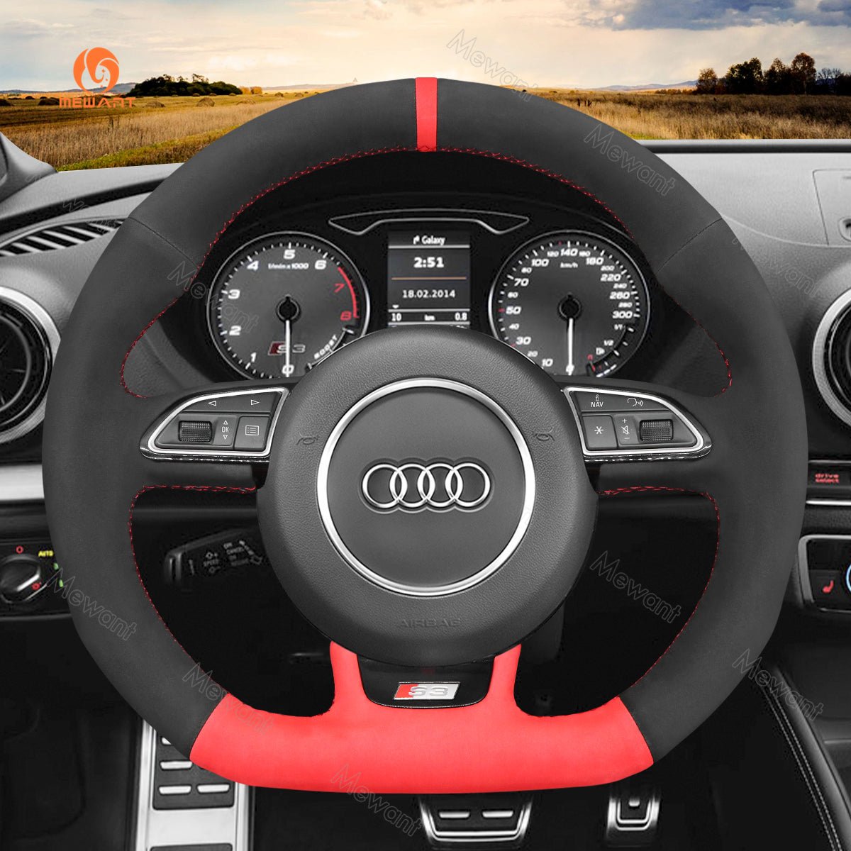 MEWANT Leather Carbon Fiber Car Steering Wheel Cover for Audi S1 (8X) S3 (8V) Sportback S4 (B8) Avant S5 (8T) S6 (C7) S7 (G8) RS Q3 (8U) SQ5 (8R) - Alcantara, Leather, Carbon Fiber, Easy Install, Non - Slip, Best Steering Wheel Cover