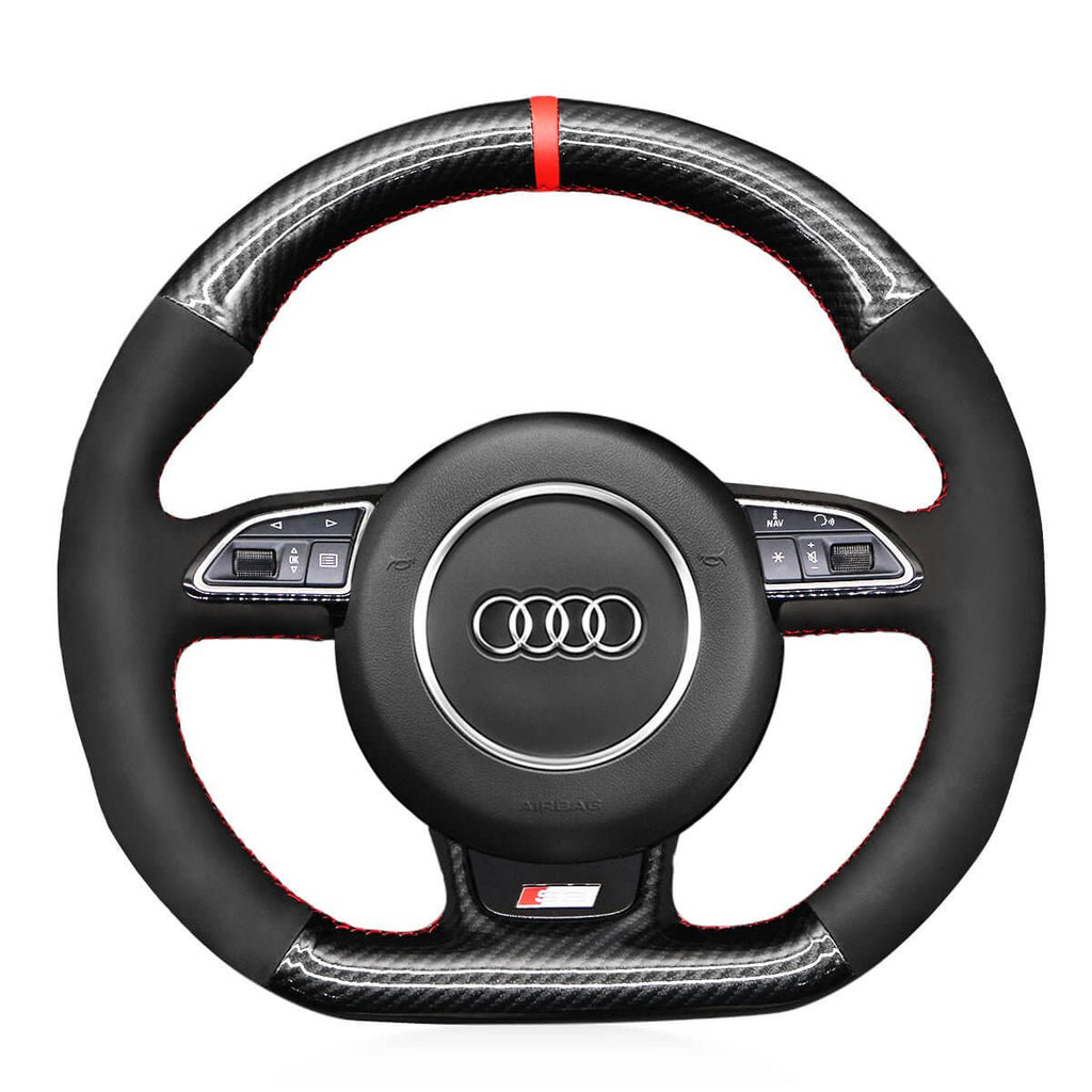 MEWANT Leather Carbon Fiber Car Steering Wheel Cover for Audi S1 (8X) S3 (8V) Sportback S4 (B8) Avant S5 (8T) S6 (C7) S7 (G8) RS Q3 (8U) SQ5 (8R) - Alcantara, Leather, Carbon Fiber, Easy Install, Non - Slip, Best Steering Wheel Cover