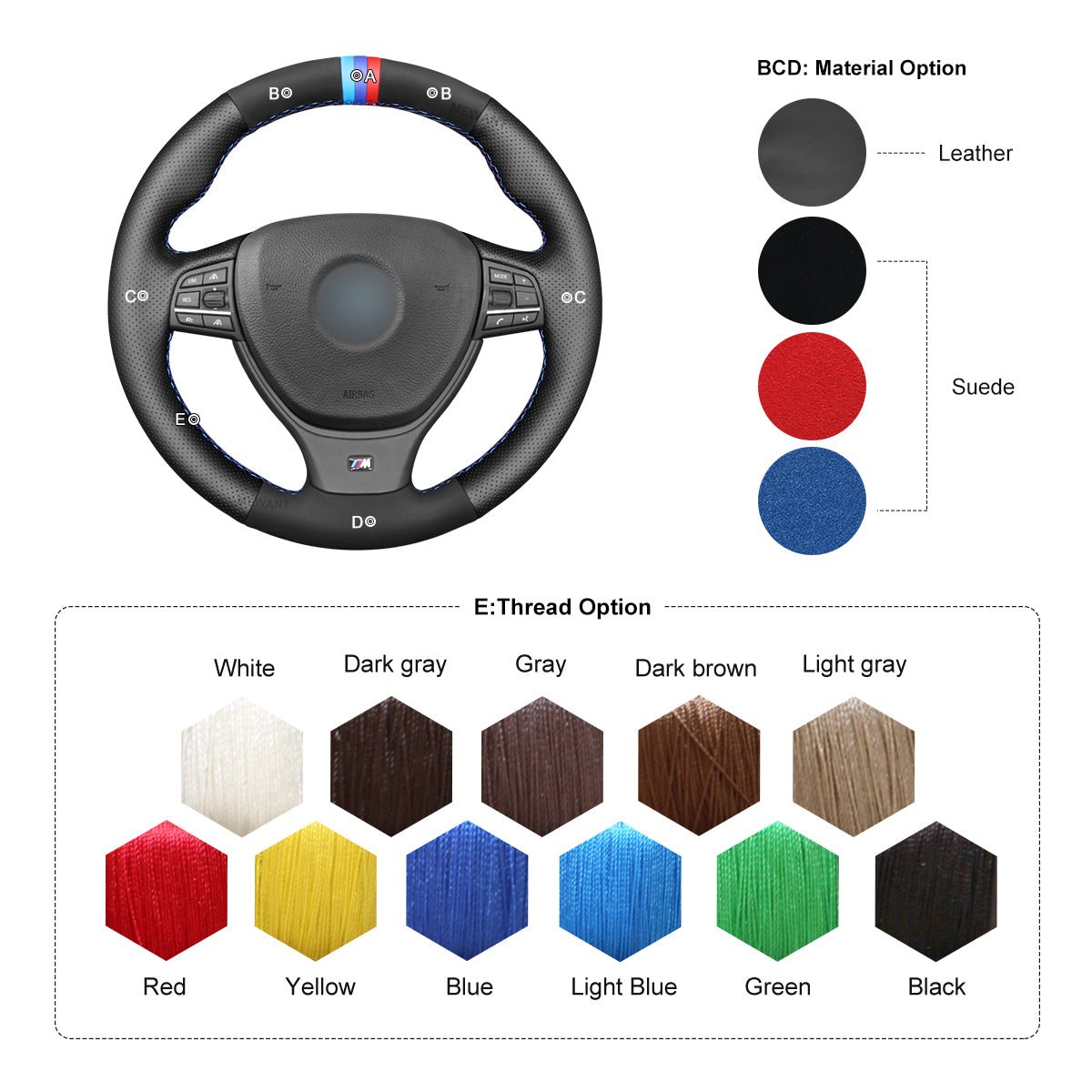 MEWANT Leather Suede Car Steering Wheel Cover for BMW M Sport F10 F11 F07 / M5 F10 2011 - 2013 / F12 F13 F06 / F01 F02 - Alcantara, Leather, Carbon Fiber, Easy Install, Non - Slip, Best Steering Wheel Cover