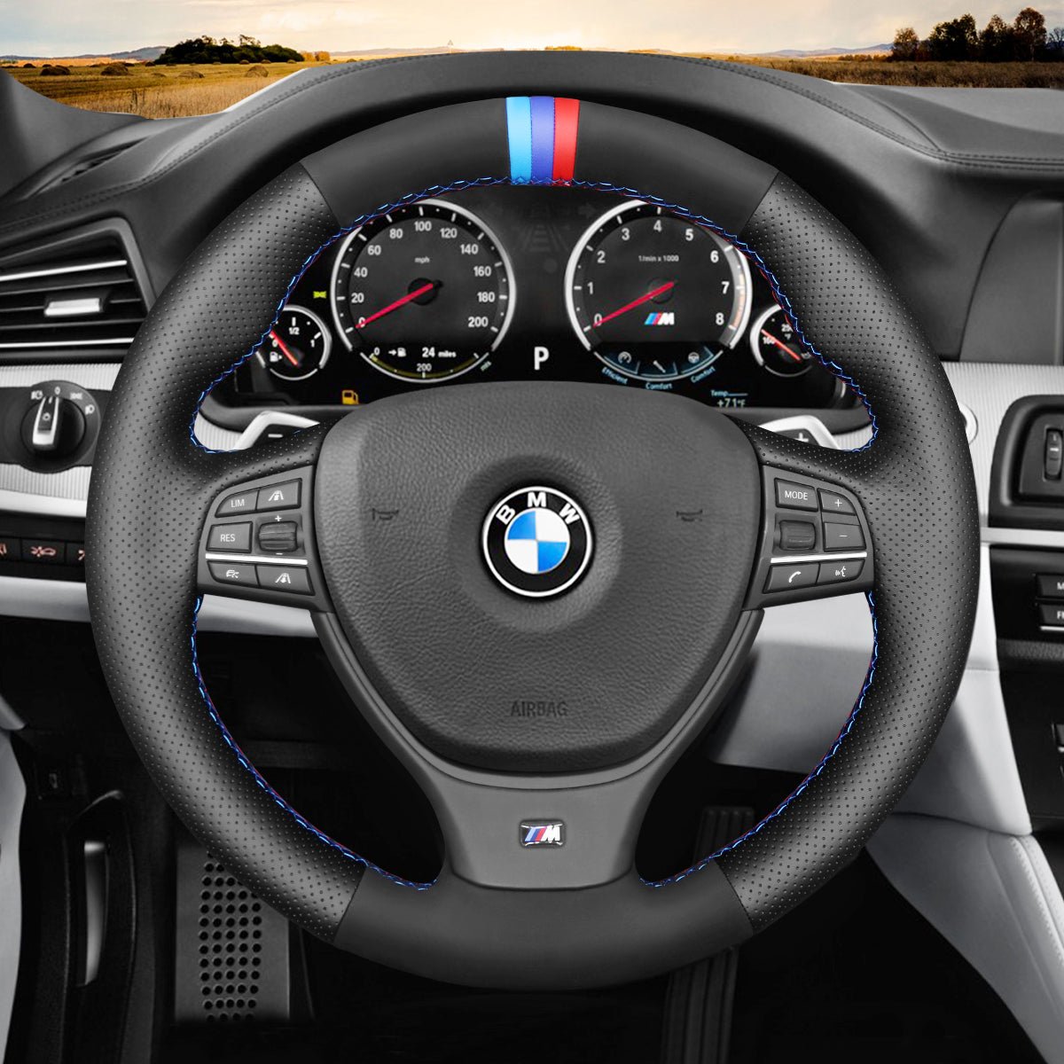 MEWANT Leather Suede Car Steering Wheel Cover for BMW M Sport F10 F11 F07 / M5 F10 2011 - 2013 / F12 F13 F06 / F01 F02 - Alcantara, Leather, Carbon Fiber, Easy Install, Non - Slip, Best Steering Wheel Cover