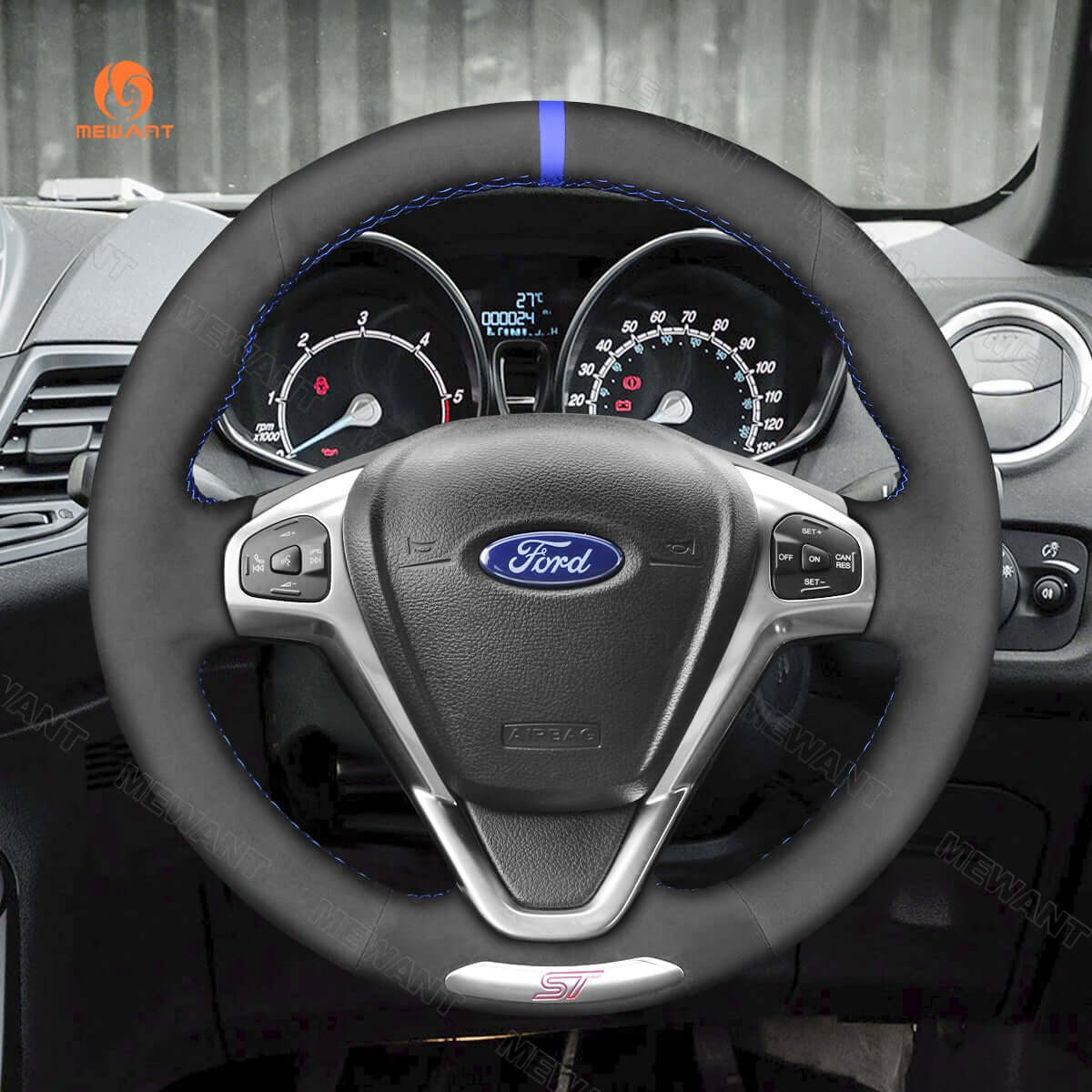 MEWANT Leather Suede Car Steering Wheel Cover for Ford Fiesta ST 2012 - 2017 - Alcantara, Leather, Carbon Fiber, Easy Install, Non - Slip, Best Steering Wheel Cover