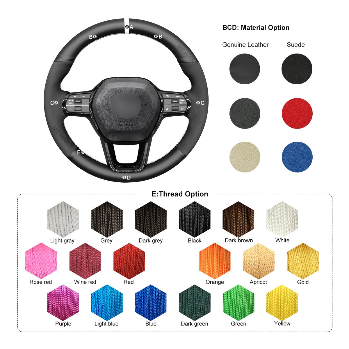 MEWANT Leather Suede Car Steering Wheel Cover for Honda Civic 11 XI 2021 - 2022 - Mewant Cover