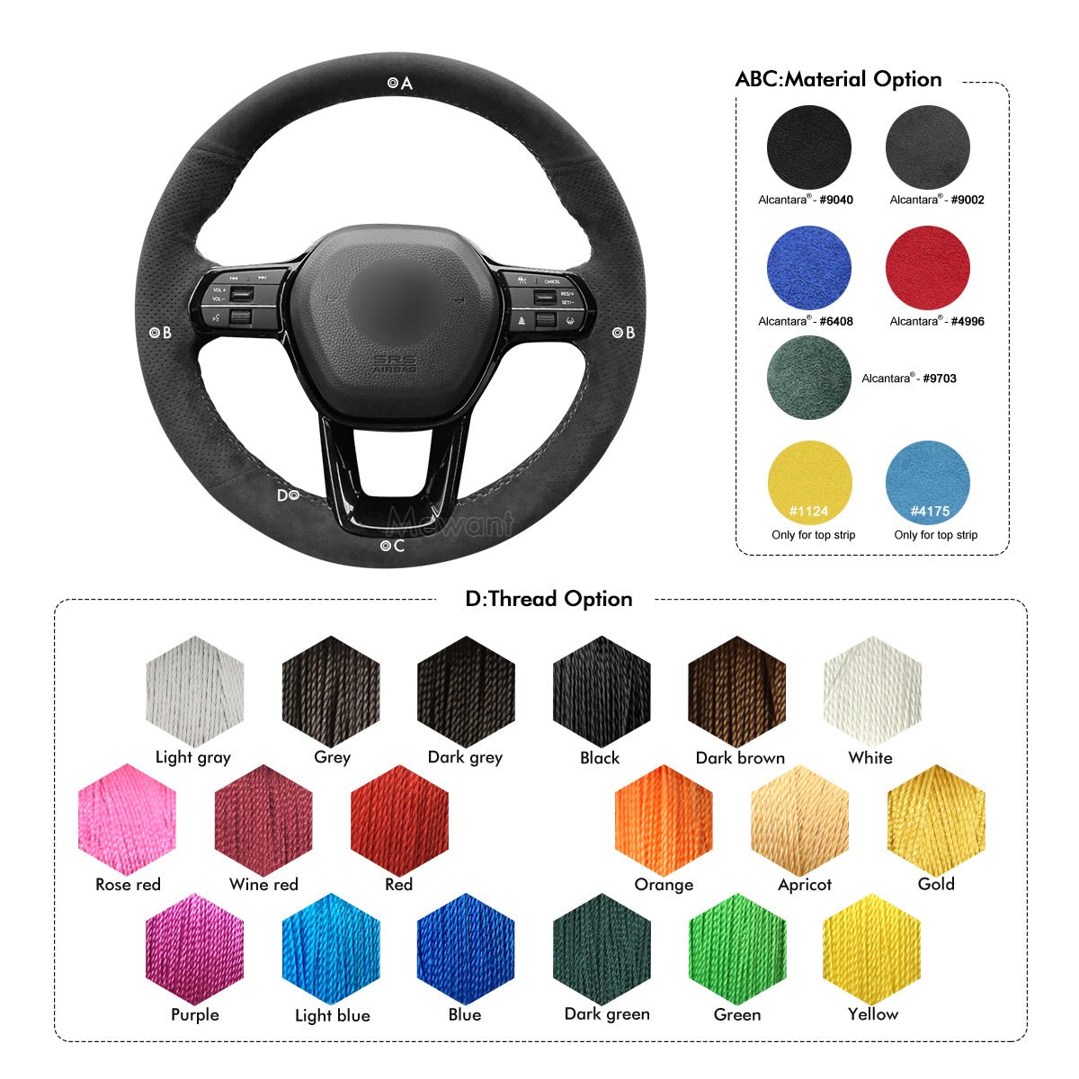 MEWANT Leather Suede Car Steering Wheel Cover for Honda Civic 11 XI 2021 - 2022 - Mewant Cover