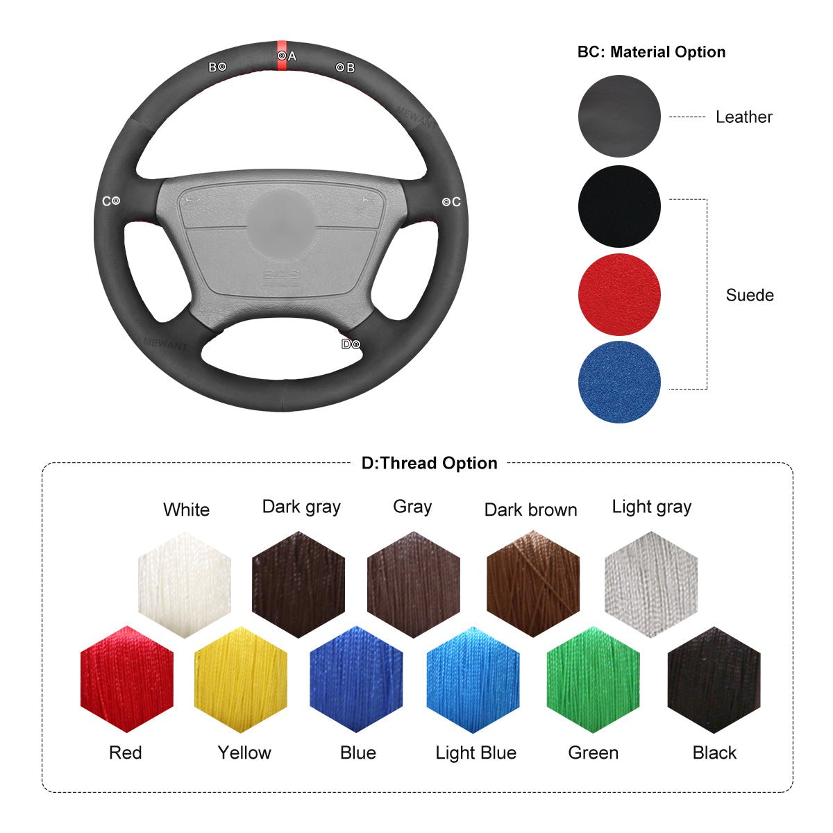 MEWANT Leather Suede Car Steering Wheel Cover for Mercedes Benz C - Class W202 CL - Class C140 E - Class W210 W124 S - Class W140 - Alcantara, Leather, Carbon Fiber, Easy Install, Non - Slip, Best Steering Wheel Cover