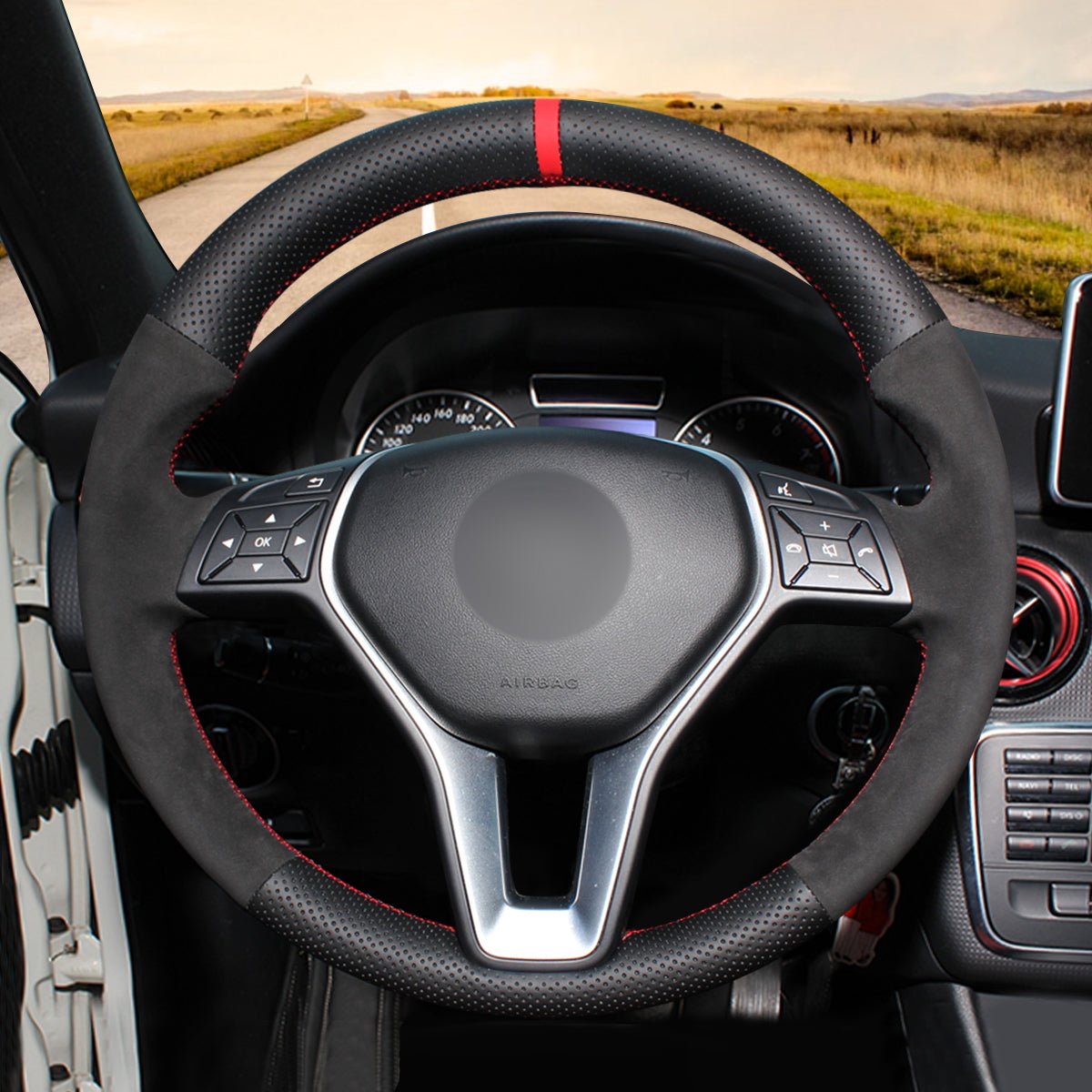 MEWANT Leather Suede Car Steering Wheel Cover for Mercedes Benz W246 W204 C117 C218 W212 X156 X204 - Alcantara, Leather, Carbon Fiber, Easy Install, Non - Slip, Best Steering Wheel Cover