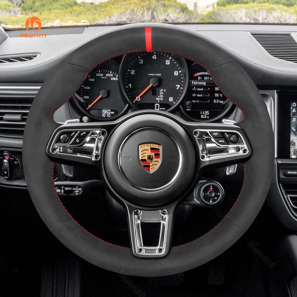 MEWANT Leather Suede Car Steering Wheel Cover for Porsche 911 718 Boxster Cayman 718 Spyder 918 Spyder Cayenne Macan Panamera - Alcantara, Leather, Carbon Fiber, Easy Install, Non - Slip, Best Steering Wheel Cover