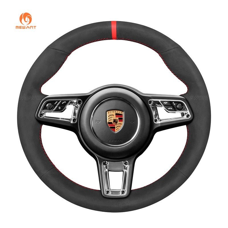 MEWANT Leather Suede Car Steering Wheel Cover for Porsche 911 718 Boxster Cayman 718 Spyder 918 Spyder Cayenne Macan Panamera - Alcantara, Leather, Carbon Fiber, Easy Install, Non - Slip, Best Steering Wheel Cover