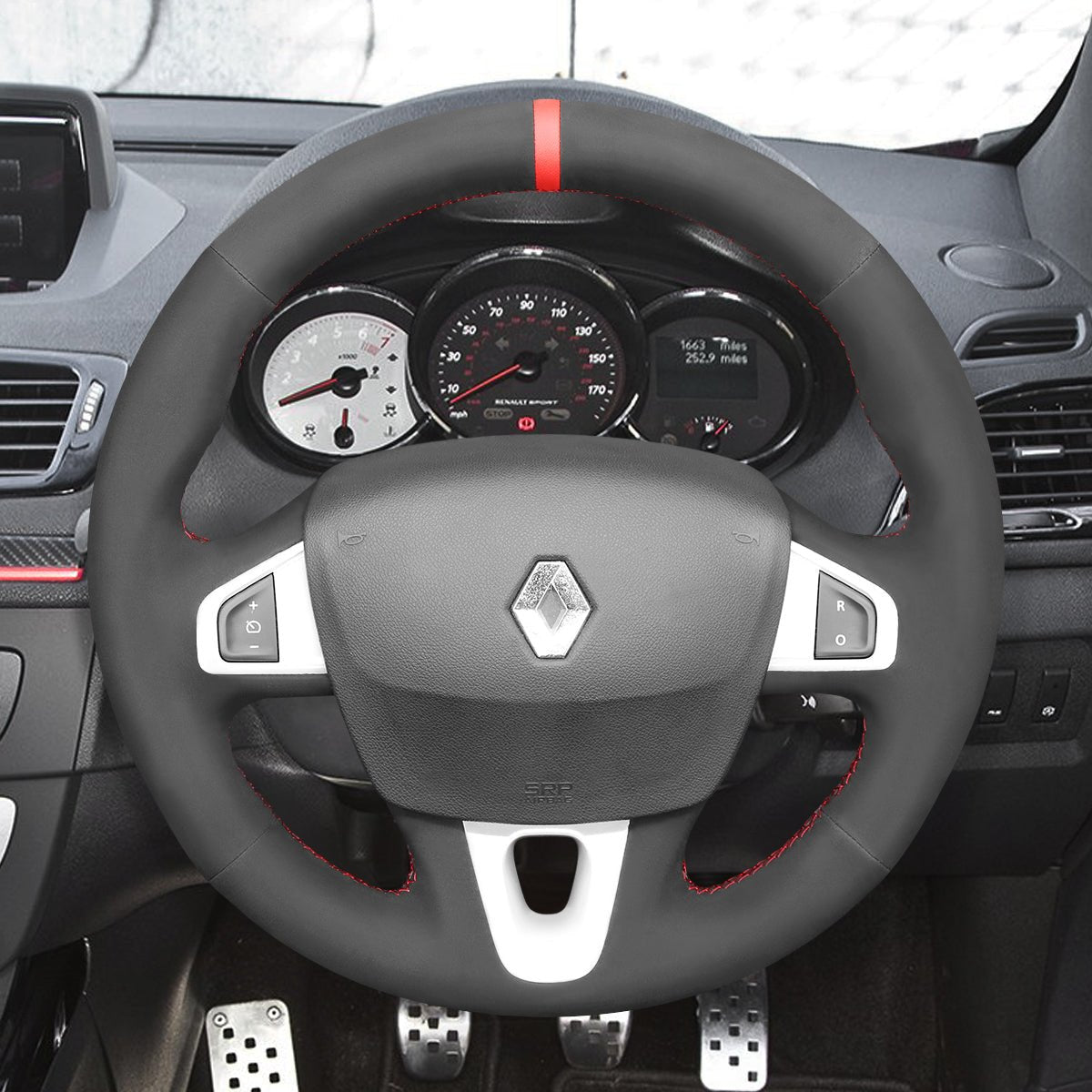 MEWANT Leather Suede Car Steering Wheel Cover for Renault Megane 3 (Coupe) RS 2010 - 2016 - Alcantara, Leather, Carbon Fiber, Easy Install, Non - Slip, Best Steering Wheel Cover