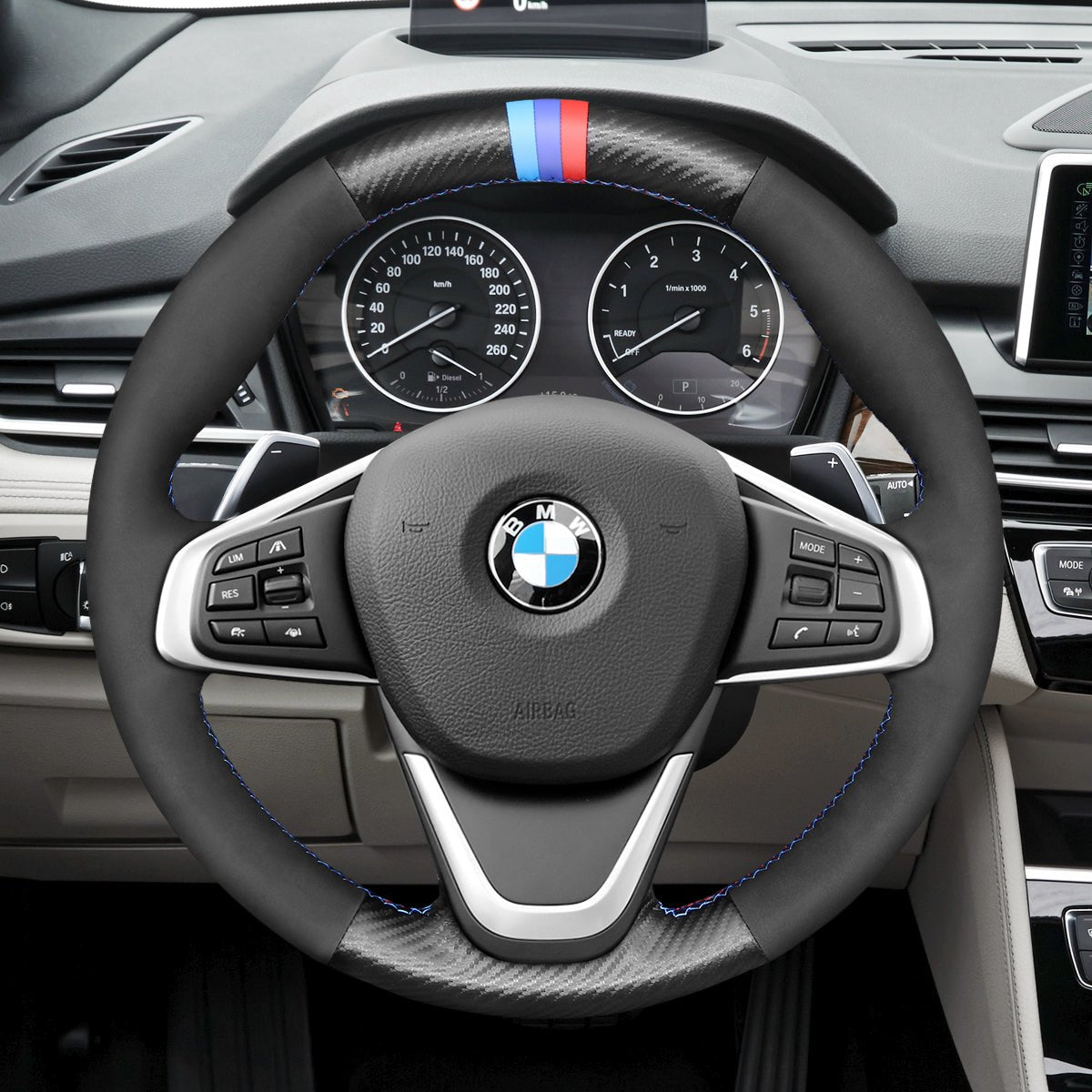 MEWANT Leather Suede Carbon Fiber Car Steering Wheel Cover for BMW 2 Series F45 F46 X1 F48 X2 F39 - Alcantara, Leather, Carbon Fiber, Easy Install, Non - Slip, Best Steering Wheel Cover