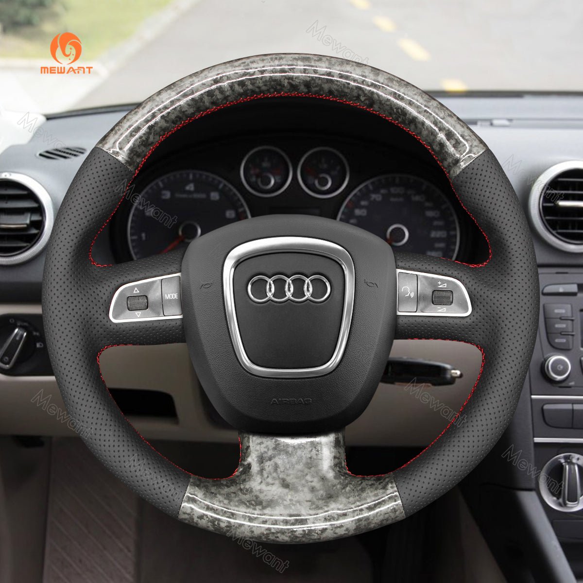 MEWANT Leather Suede Carbon Fiber Car Steering Wheel Cover for Audi A3 (8P) Sportback A4 (B8) Avant A5 (8T) A6 (C6) A8 (D3) Q5 (8R) Q7 (4L) S3 S4 S5 S6 S8 RS 4 Seat Exeo (ST) - Mewant Cover