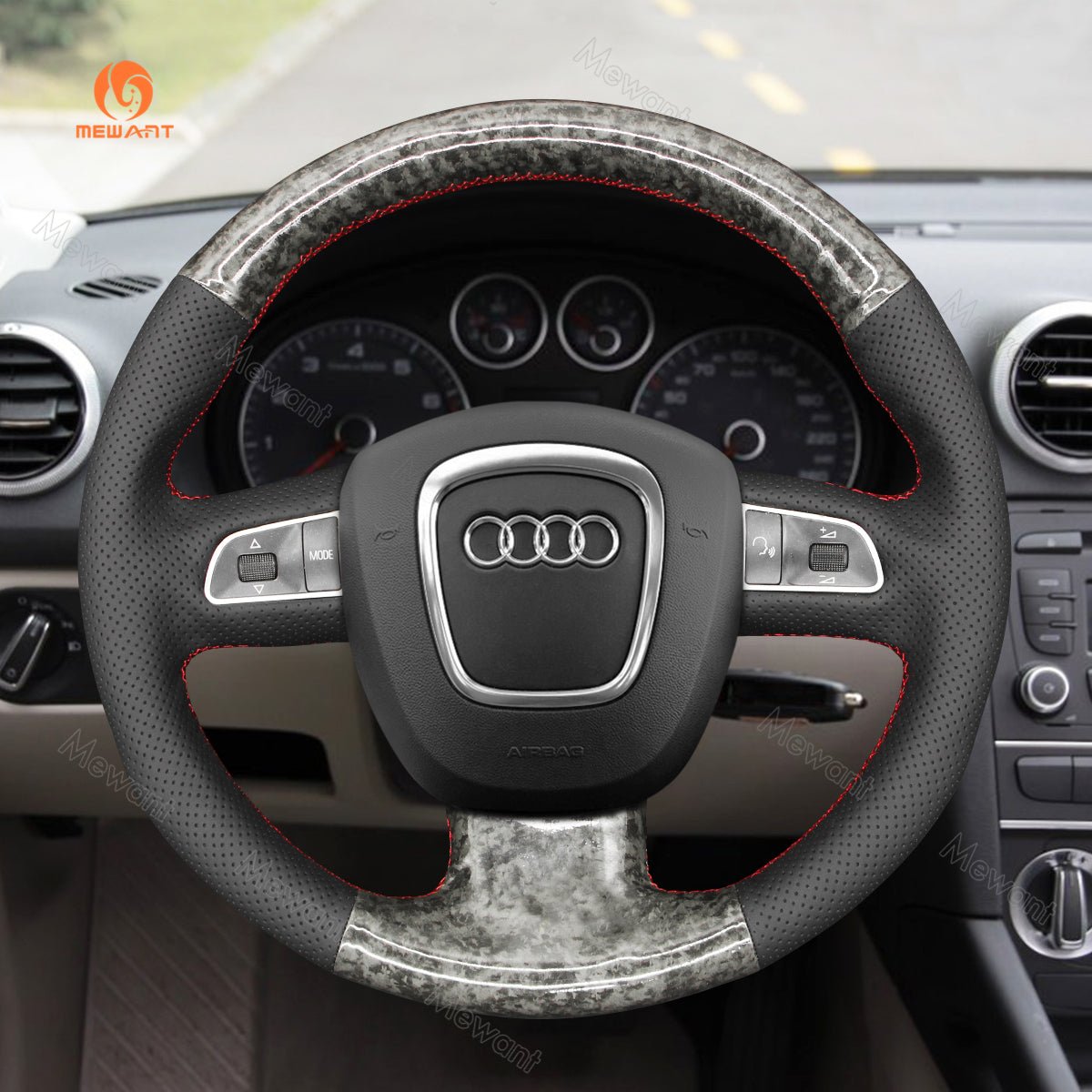 MEWANT Leather Suede Carbon Fiber Car Steering Wheel Cover for Audi A3 (8P) Sportback A4 (B8) Avant A5 (8T) A6 (C6) A8 (D3) Q5 (8R) Q7 (4L) S3 S4 S5 S6 S8 RS 4 Seat Exeo (ST) - Alcantara, Leather, Carbon Fiber, Easy Install, Non - Slip, Best Steering Wheel Cover