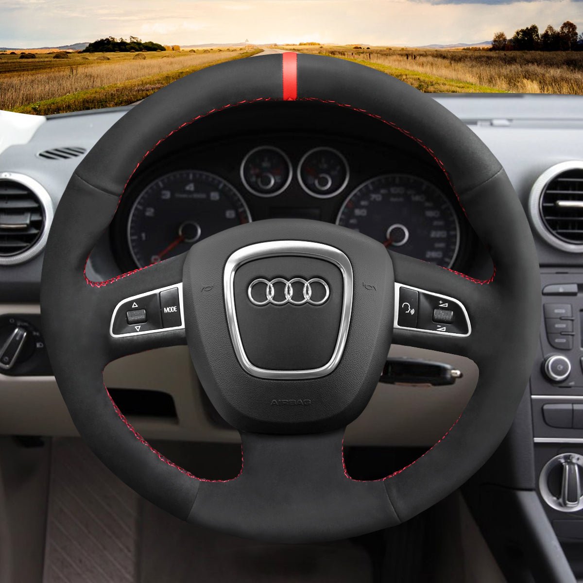 MEWANT Leather Suede Carbon Fiber Car Steering Wheel Cover for Audi A3 (8P) Sportback A4 (B8) Avant A5 (8T) A6 (C6) A8 (D3) Q5 (8R) Q7 (4L) S3 S4 S5 S6 S8 RS 4 Seat Exeo (ST) - Alcantara, Leather, Carbon Fiber, Easy Install, Non - Slip, Best Steering Wheel Cover