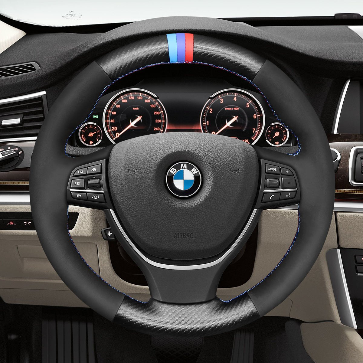 MEWANT Leather Suede Carbon Fiber Car Steering Wheel Cover for BMW 5 Series F10 F11 (Touring) F07 (GT) 6 SeriesF12 F13 F06 7 Series F01 F02 - Mewant Cover