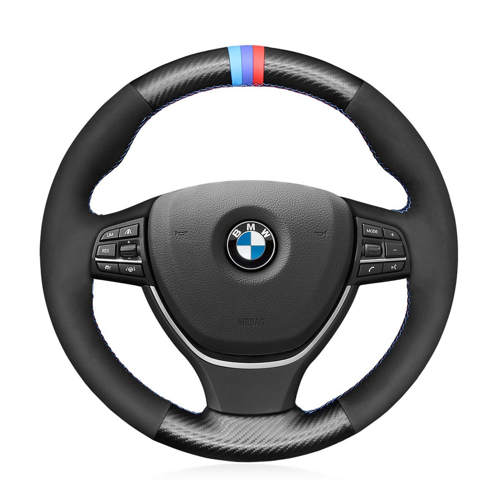 MEWANT Leather Suede Carbon Fiber Car Steering Wheel Cover for BMW 5 Series F10 F11 (Touring) F07 (GT) 6 SeriesF12 F13 F06 7 Series F01 F02 - Alcantara, Leather, Carbon Fiber, Easy Install, Non - Slip, Best Steering Wheel Cover