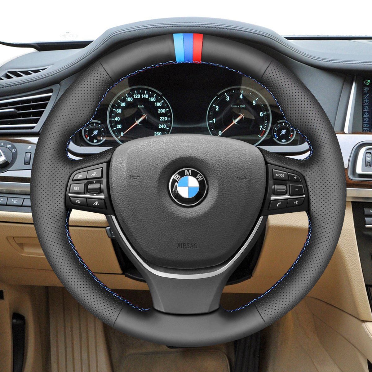 MEWANT Leather Suede Carbon Fiber Car Steering Wheel Cover for BMW 5 Series F10 F11 (Touring) F07 (GT) 6 SeriesF12 F13 F06 7 Series F01 F02 - Alcantara, Leather, Carbon Fiber, Easy Install, Non - Slip, Best Steering Wheel Cover