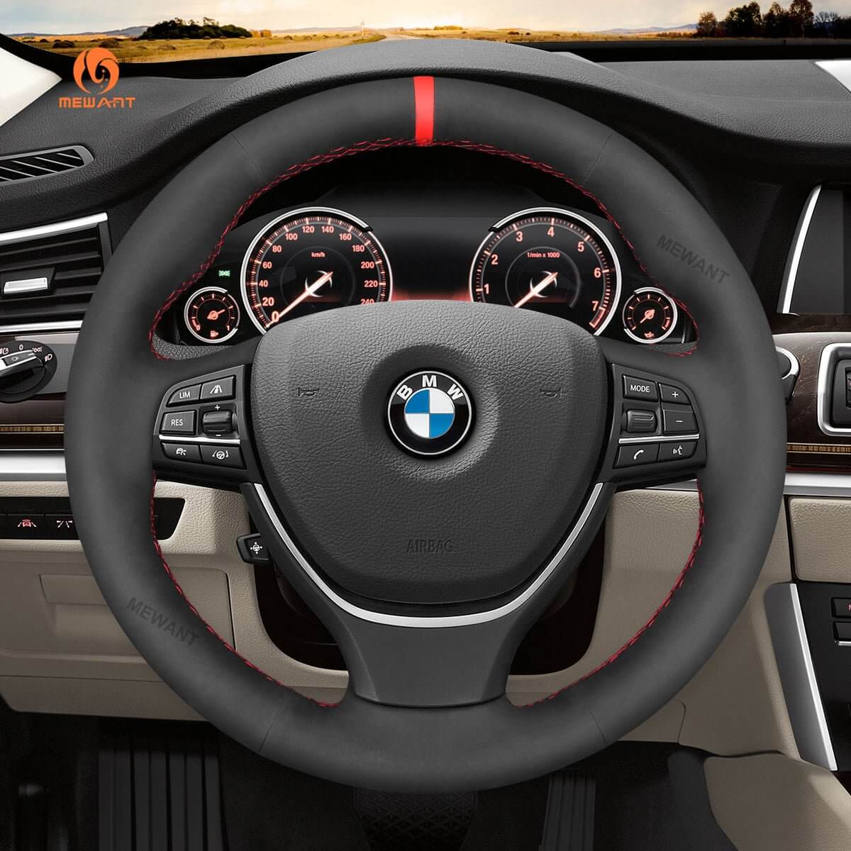 MEWANT Leather Suede Carbon Fiber Car Steering Wheel Cover for BMW 5 Series F10 F11 (Touring) F07 (GT) 6 SeriesF12 F13 F06 7 Series F01 F02 - Alcantara, Leather, Carbon Fiber, Easy Install, Non - Slip, Best Steering Wheel Cover