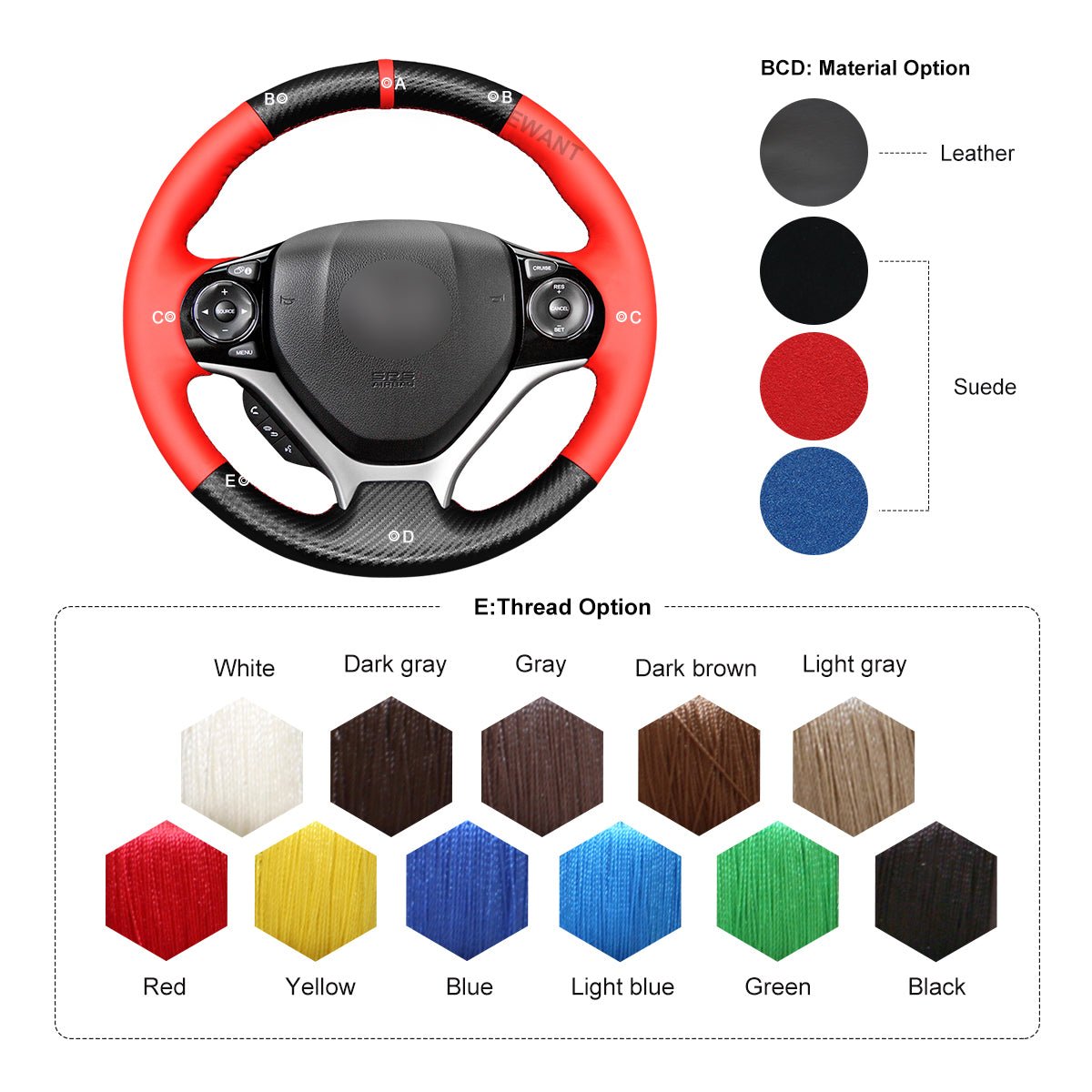 MEWANT Leather Suede Carbon Fiber Car Steering Wheel Cover for Honda Civic 9 2012 - 2017 - Alcantara, Leather, Carbon Fiber, Easy Install, Non - Slip, Best Steering Wheel Cover