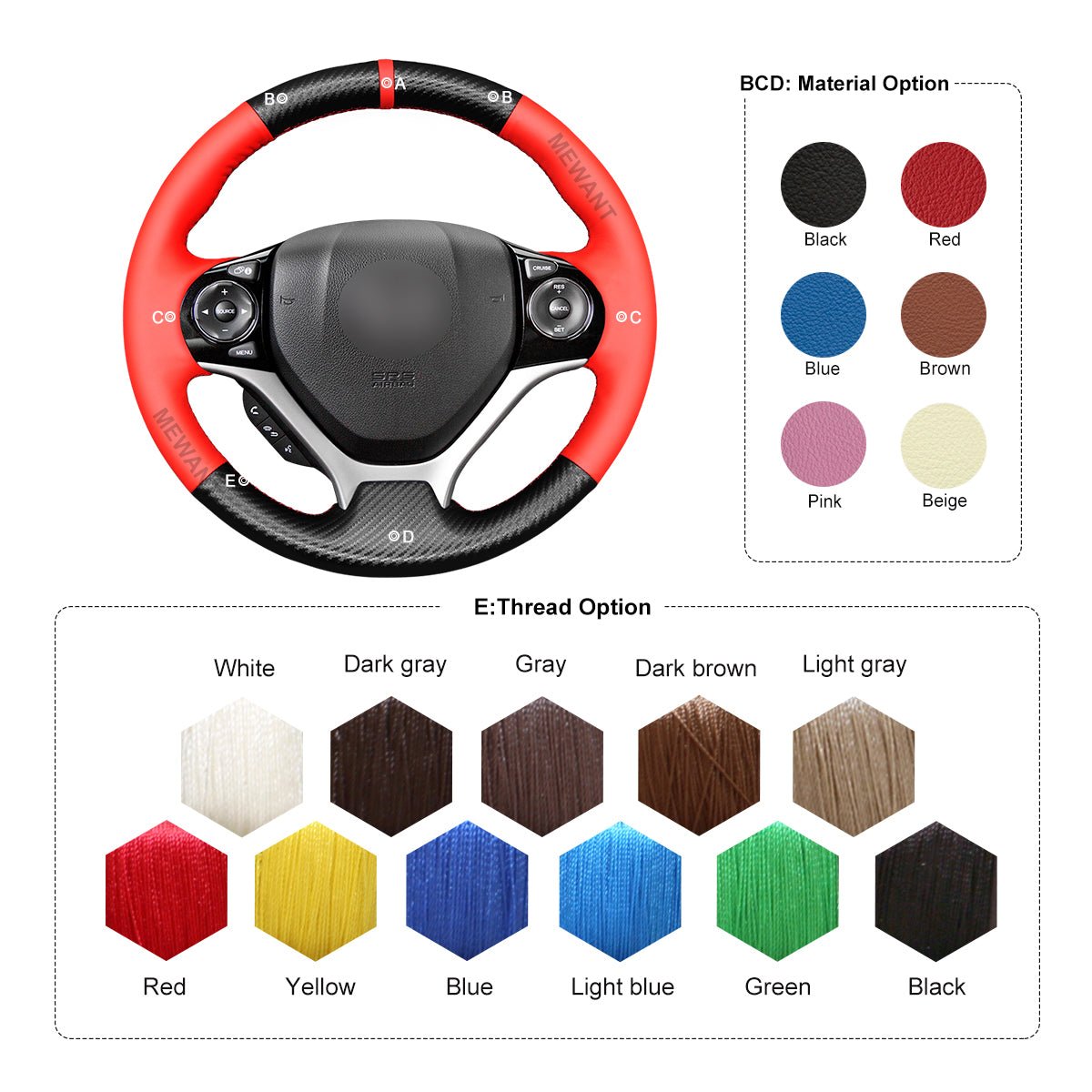 MEWANT Leather Suede Carbon Fiber Car Steering Wheel Cover for Honda Civic 9 2012 - 2017 - Mewant Cover