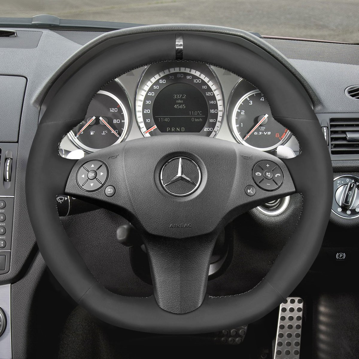 MEWANT Leather Suede Carbon Fiber Car Steering Wheel Cover for Mercedes Benz AMG C63 W204 C219 W212 R230 C197 R197 - Alcantara, Leather, Carbon Fiber, Easy Install, Non - Slip, Best Steering Wheel Cover