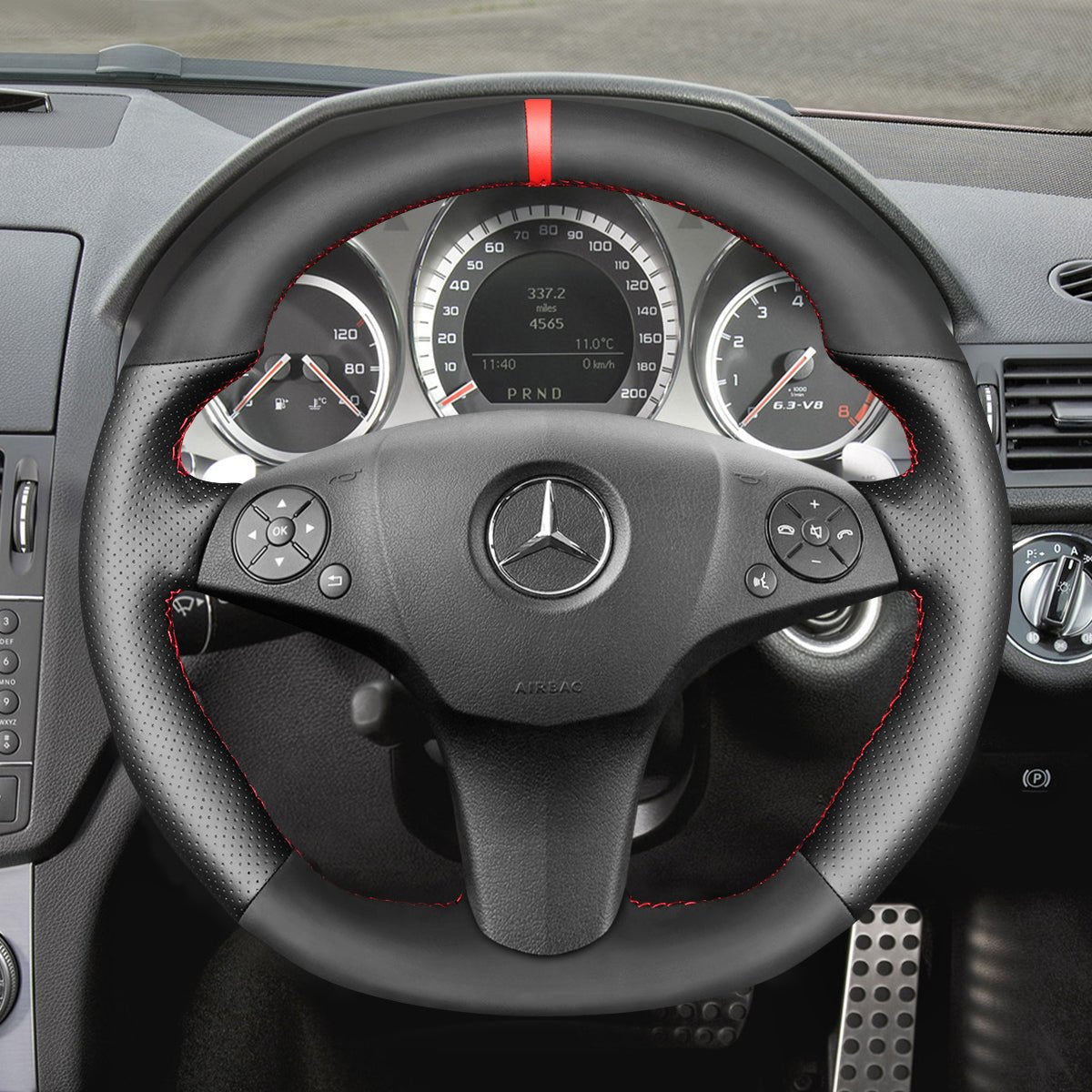 MEWANT Leather Suede Carbon Fiber Car Steering Wheel Cover for Mercedes Benz AMG C63 W204 C219 W212 R230 C197 R197 - Alcantara, Leather, Carbon Fiber, Easy Install, Non - Slip, Best Steering Wheel Cover