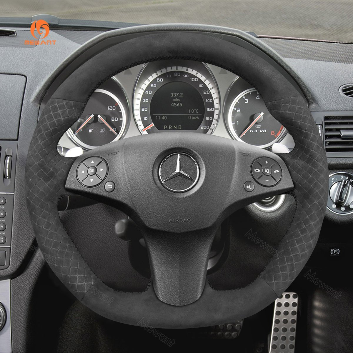 MEWANT Leather Suede Carbon Fiber Car Steering Wheel Cover for Mercedes Benz AMG C63 W204 C219 W212 R230 C197 R197 - Alcantara, Leather, Carbon Fiber, Easy Install, Non - Slip, Best Steering Wheel Cover