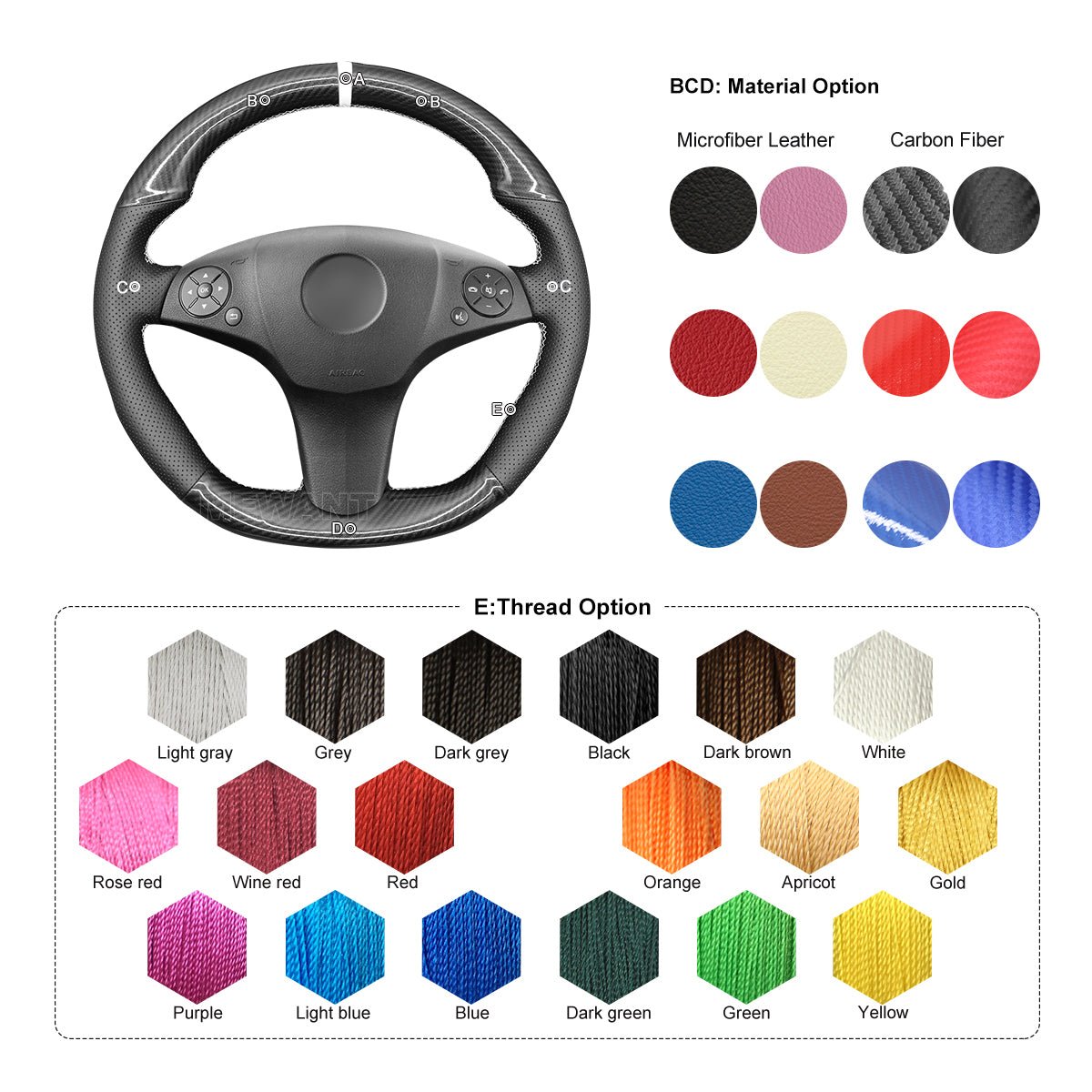 MEWANT Leather Suede Carbon Fiber Car Steering Wheel Cover for Mercedes Benz AMG C63 W204 C219 W212 R230 C197 R197 - Alcantara, Leather, Carbon Fiber, Easy Install, Non - Slip, Best Steering Wheel Cover