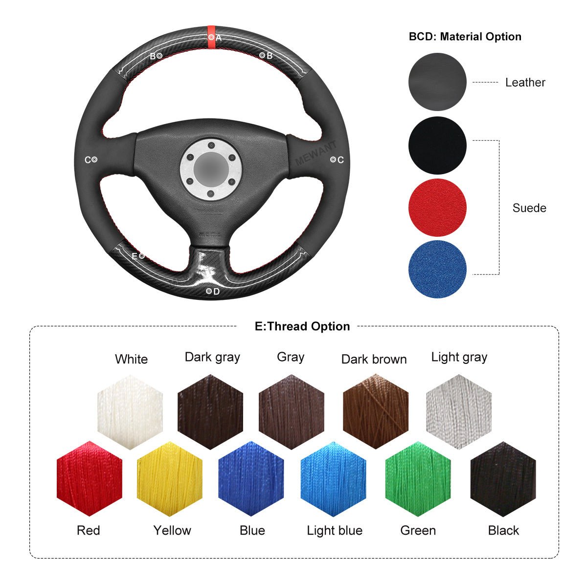 MEWANT Leather Suede Carbon Fiber Car Steering Wheel Cover for Mitsubishi Lancer Evolution EVO VI6 / V(5) / IV 4 - Alcantara, Leather, Carbon Fiber, Easy Install, Non - Slip, Best Steering Wheel Cover