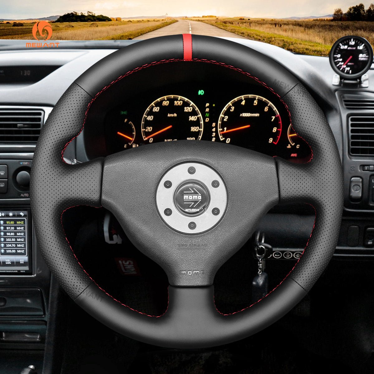 MEWANT Leather Suede Carbon Fiber Car Steering Wheel Cover for Mitsubishi Lancer Evolution EVO VI6 / V(5) / IV 4 - Alcantara, Leather, Carbon Fiber, Easy Install, Non - Slip, Best Steering Wheel Cover