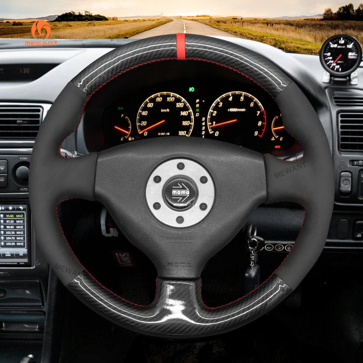 MEWANT Leather Suede Carbon Fiber Car Steering Wheel Cover for Mitsubishi Lancer Evolution EVO VI6 / V(5) / IV 4 - Alcantara, Leather, Carbon Fiber, Easy Install, Non - Slip, Best Steering Wheel Cover