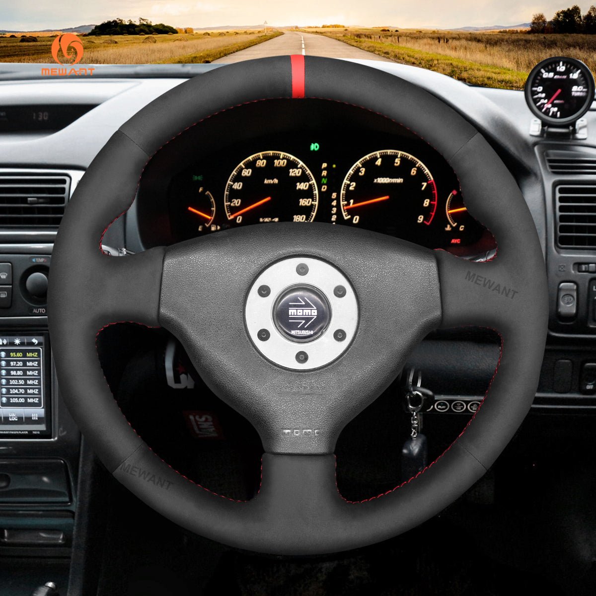 MEWANT Leather Suede Carbon Fiber Car Steering Wheel Cover for Mitsubishi Lancer Evolution EVO VI6 / V(5) / IV 4 - Alcantara, Leather, Carbon Fiber, Easy Install, Non - Slip, Best Steering Wheel Cover
