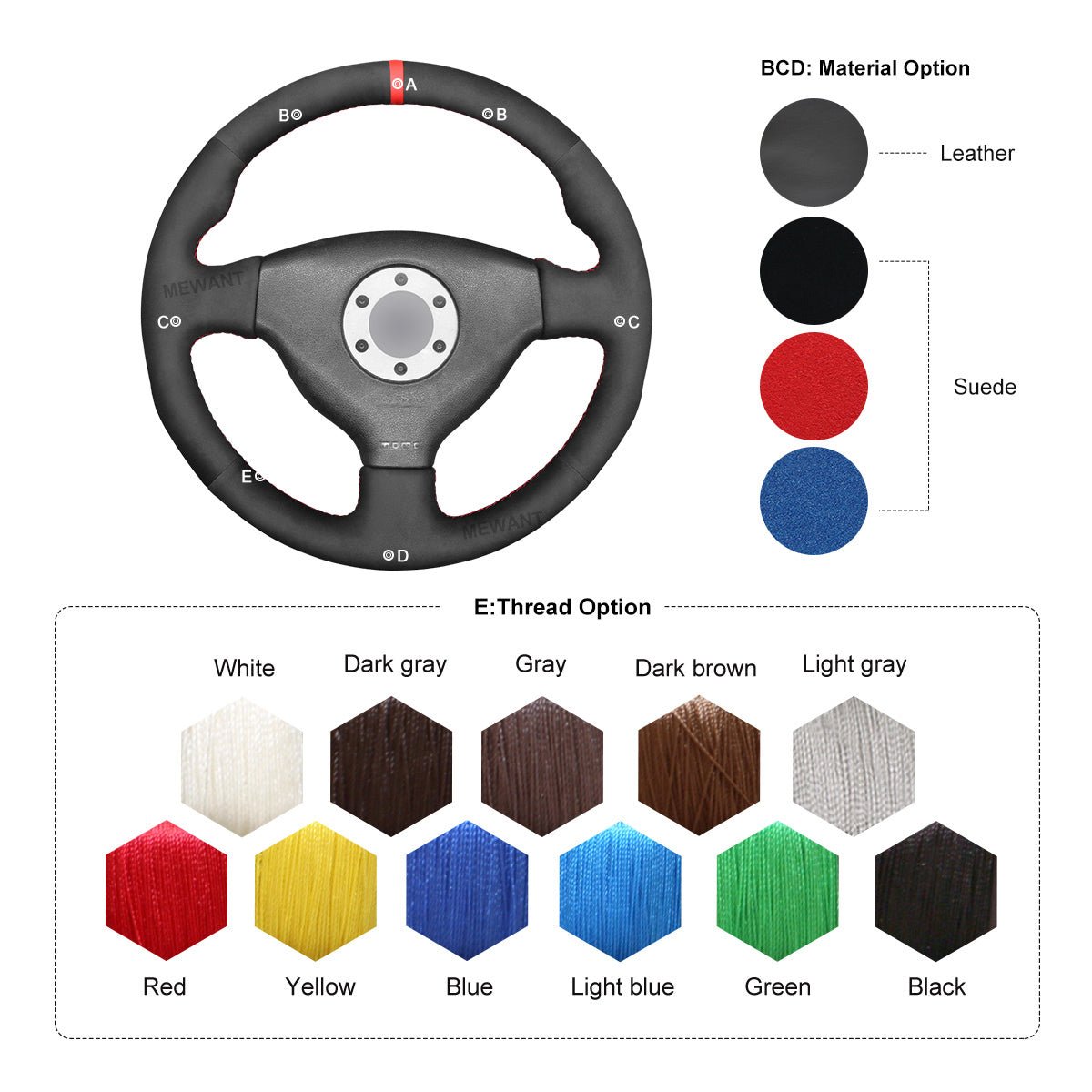 MEWANT Leather Suede Carbon Fiber Car Steering Wheel Cover for Mitsubishi Lancer Evolution EVO VI6 / V(5) / IV 4 - Alcantara, Leather, Carbon Fiber, Easy Install, Non - Slip, Best Steering Wheel Cover