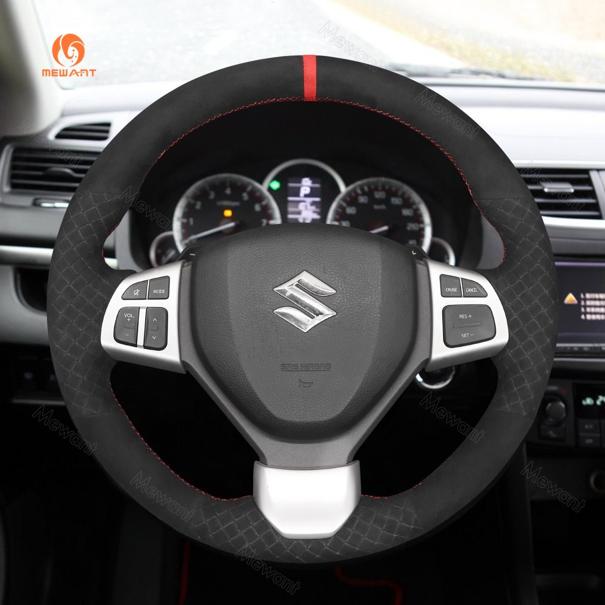MEWANT Leather Suede Carbon Fiber Car Steering Wheel Cover for Suzuki Swift Sport 2012 - 2017 / Vitara S 2016 - 2019 - Alcantara, Leather, Carbon Fiber, Easy Install, Non - Slip, Best Steering Wheel Cover