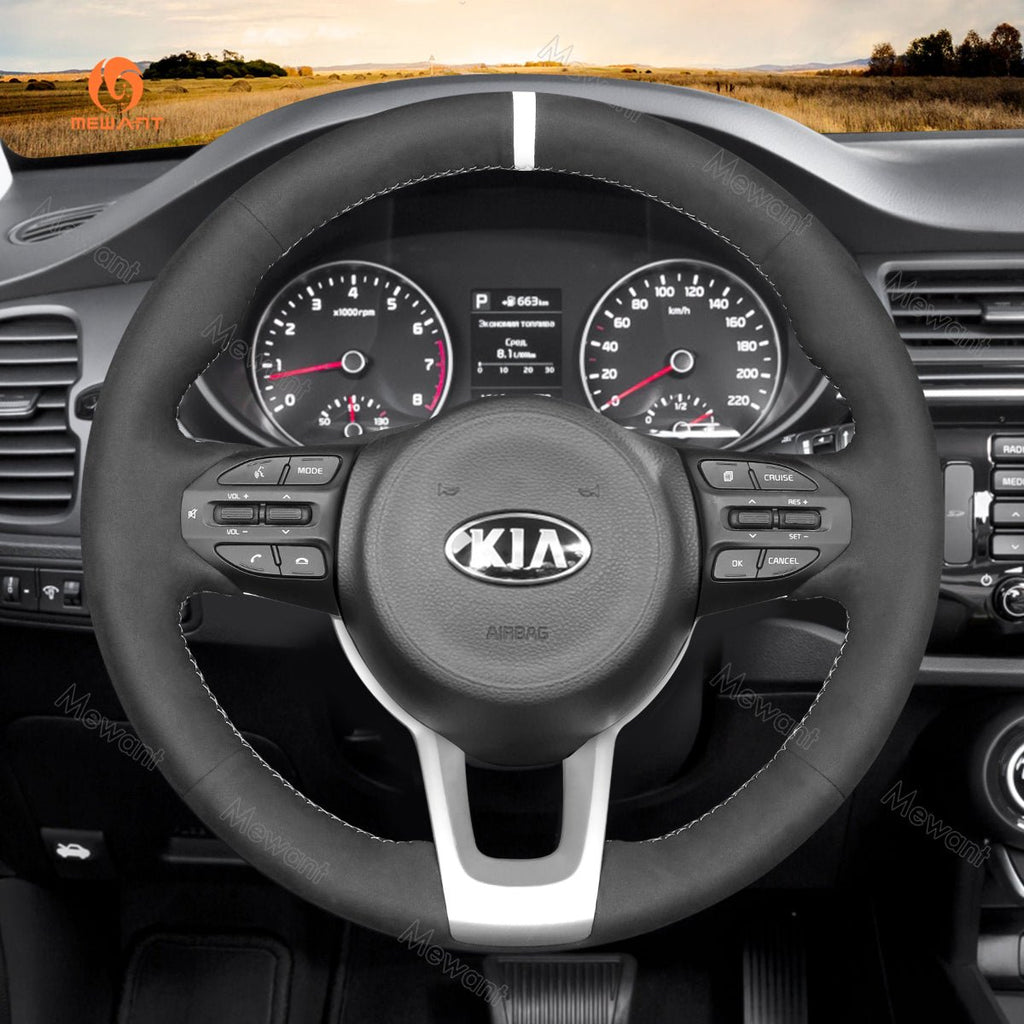 MEWANT Leather Suede Material Car Steering Wheel Cover for Kia Rio 2017 - 2019 / Rio5 2019 / K2 2017 - 2019 / Picanto 2017 - 2019 / Morning 2017 - 2019 - Alcantara, Leather, Carbon Fiber, Easy Install, Non - Slip, Best Steering Wheel Cover