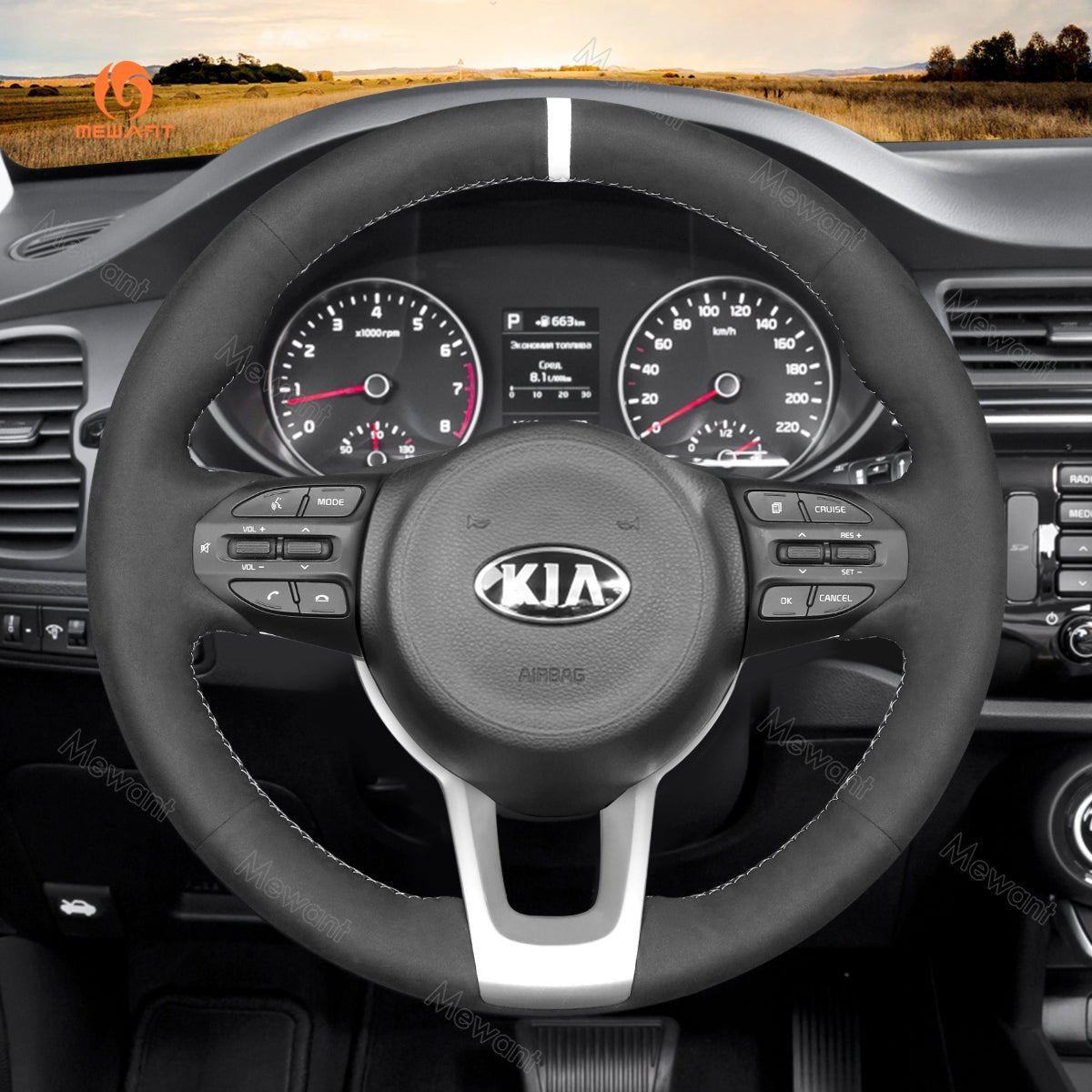 MEWANT Leather Suede Material Car Steering Wheel Cover for Kia Rio 2017 - 2019 / Rio5 2019 / K2 2017 - 2019 / Picanto 2017 - 2019 / Morning 2017 - 2019 - Alcantara, Leather, Carbon Fiber, Easy Install, Non - Slip, Best Steering Wheel Cover