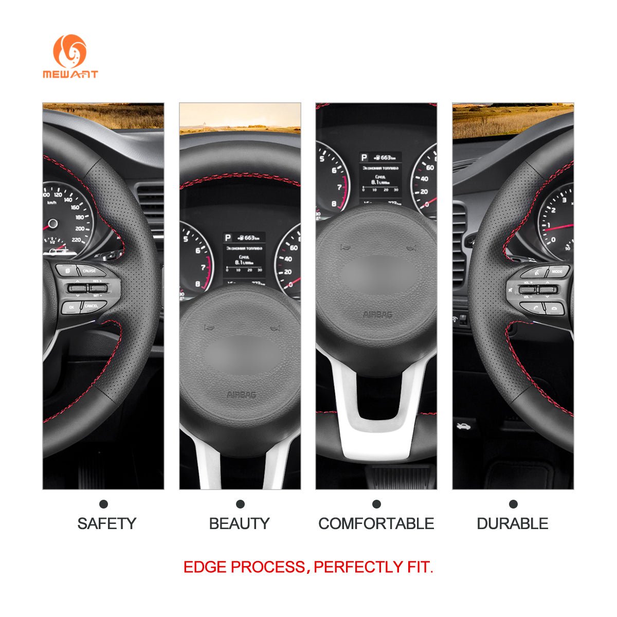 MEWANT Leather Suede Material Car Steering Wheel Cover for Kia Rio 2017 - 2019 / Rio5 2019 / K2 2017 - 2019 / Picanto 2017 - 2019 / Morning 2017 - 2019 - Alcantara, Leather, Carbon Fiber, Easy Install, Non - Slip, Best Steering Wheel Cover