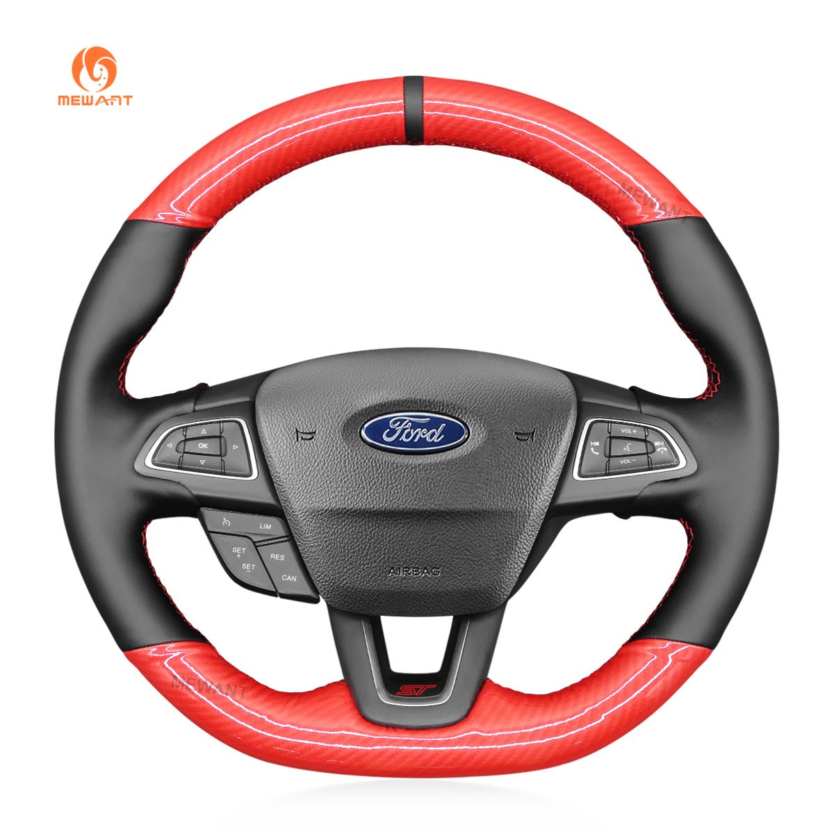 MEWANT Leather SuedeCar Steering Wheel Cover for Ford Focus ST/ Focus ST - Line/ Focus RS/ Ecosport ST - Line/ Kuga/ Escape - Alcantara, Leather, Carbon Fiber, Easy Install, Non - Slip, Best Steering Wheel Cover