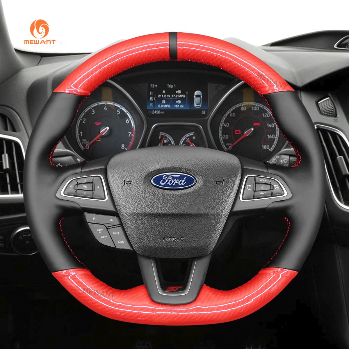 MEWANT Leather SuedeCar Steering Wheel Cover for Ford Focus ST/ Focus ST - Line/ Focus RS/ Ecosport ST - Line/ Kuga/ Escape - Alcantara, Leather, Carbon Fiber, Easy Install, Non - Slip, Best Steering Wheel Cover